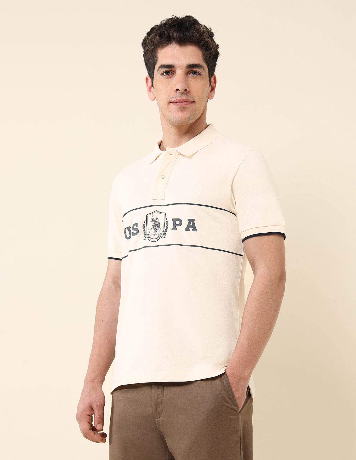 Brand Printed Slim Fit Classic Polo Shirt Beige - U.S. Polo Assn. India | Large