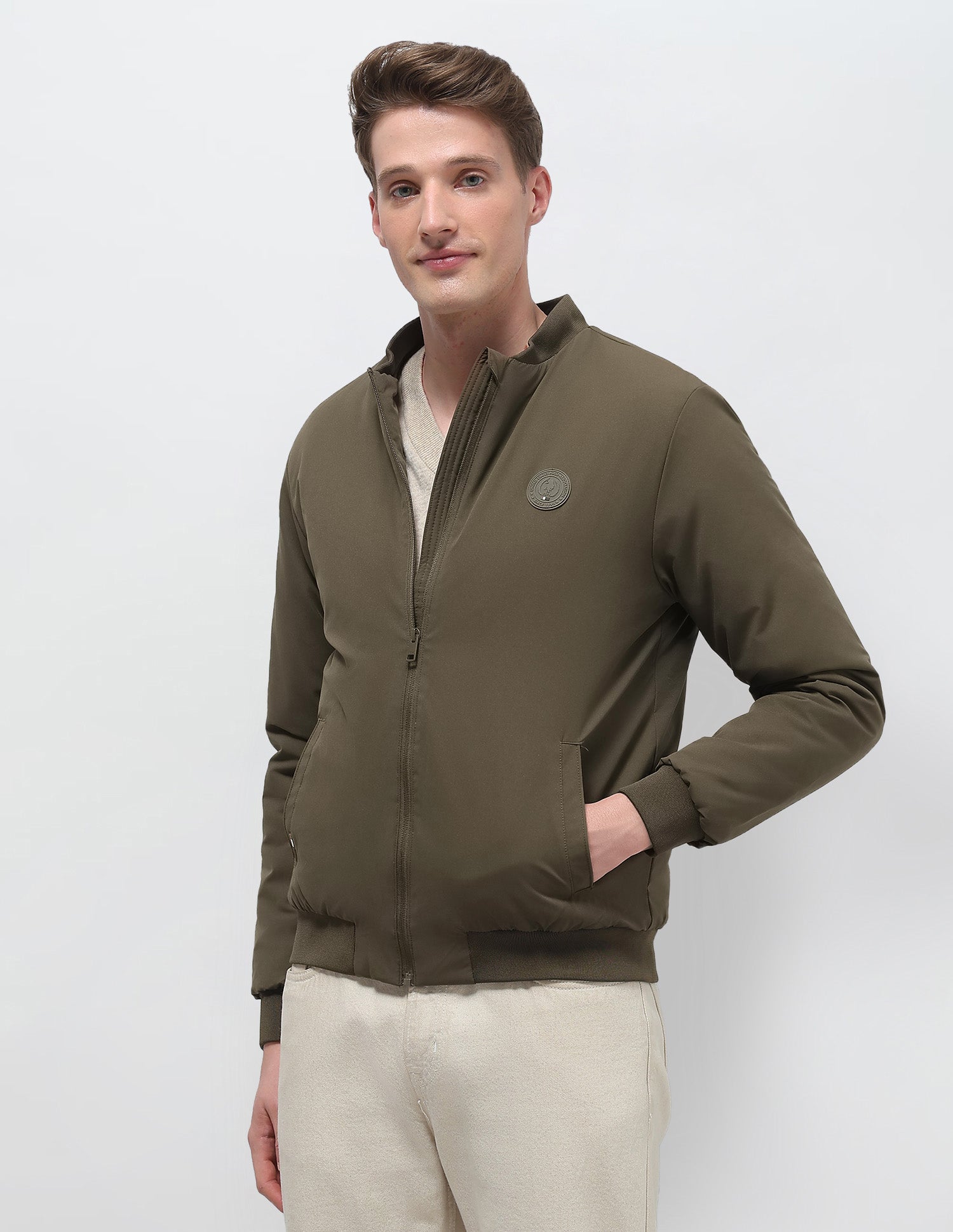Solid Regular Fit Bomber Jacket Olive - U.S. Polo Assn. India | Large