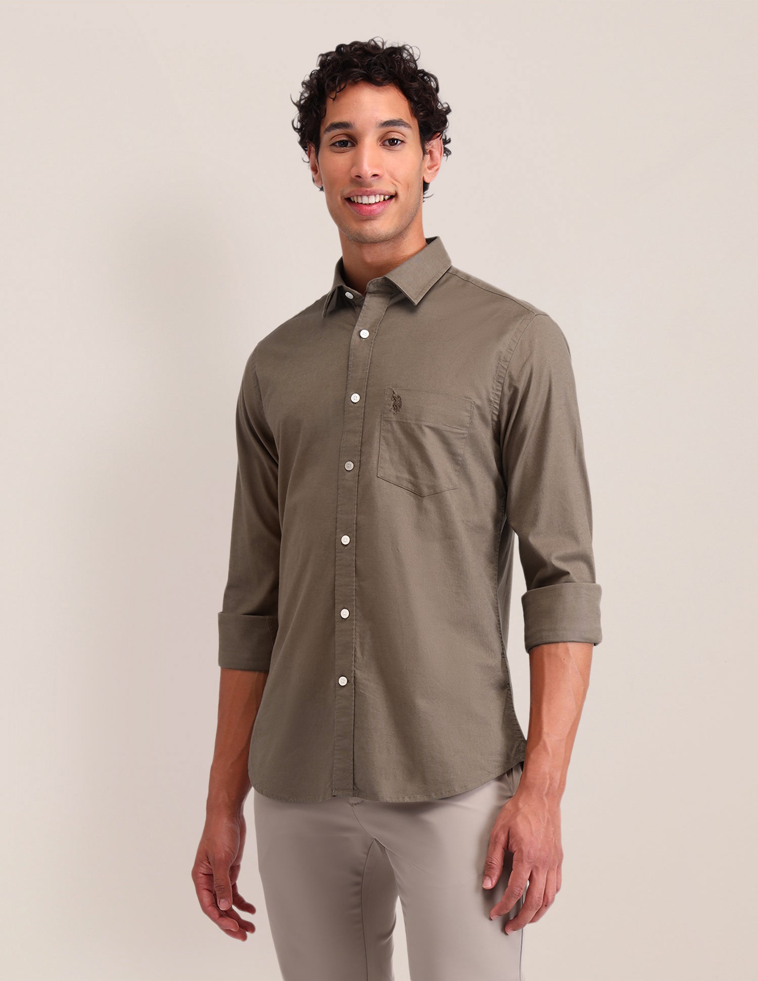 Solid Tailored Fit Shirt Khaki - U.S. POLO ASSN. | Large
