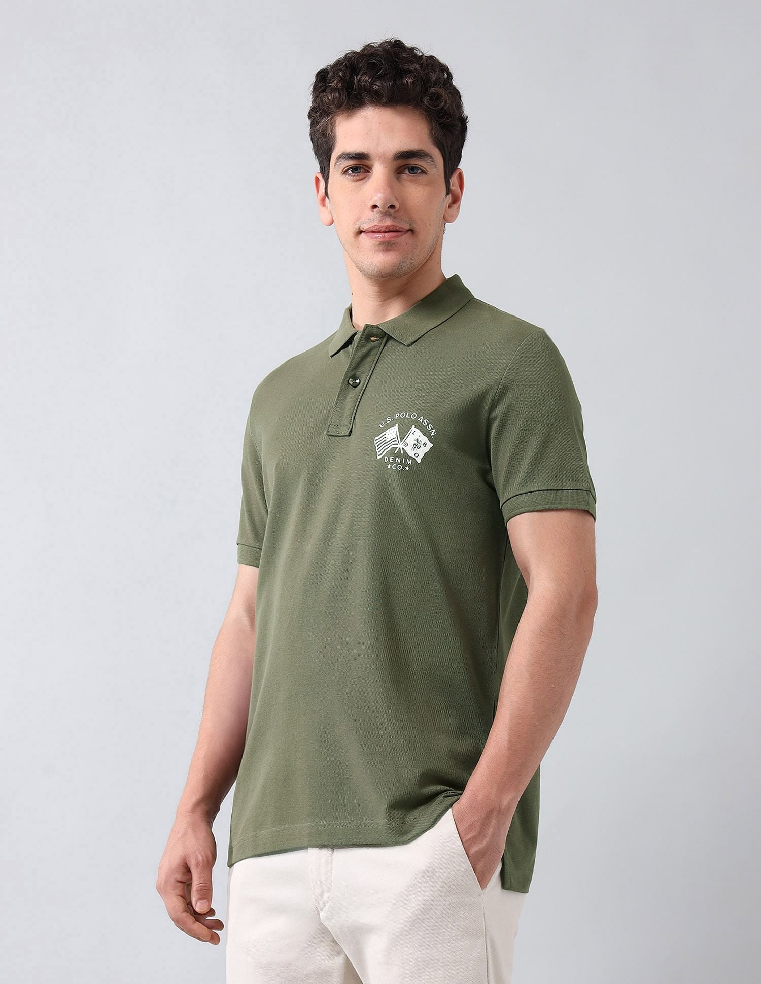 Muscle Fit Brand Printed Polo Shirt Light Olive - U.S. Polo Assn. India | Large