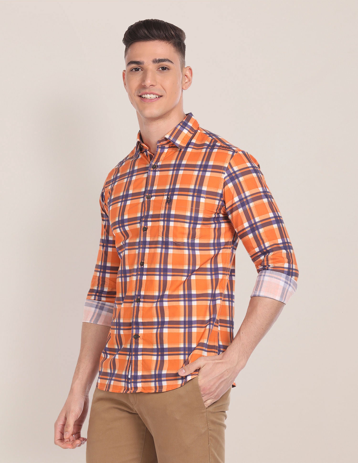 Spread Collar Tartan Check Shirt Orange - U.S. Polo Assn. India | Large