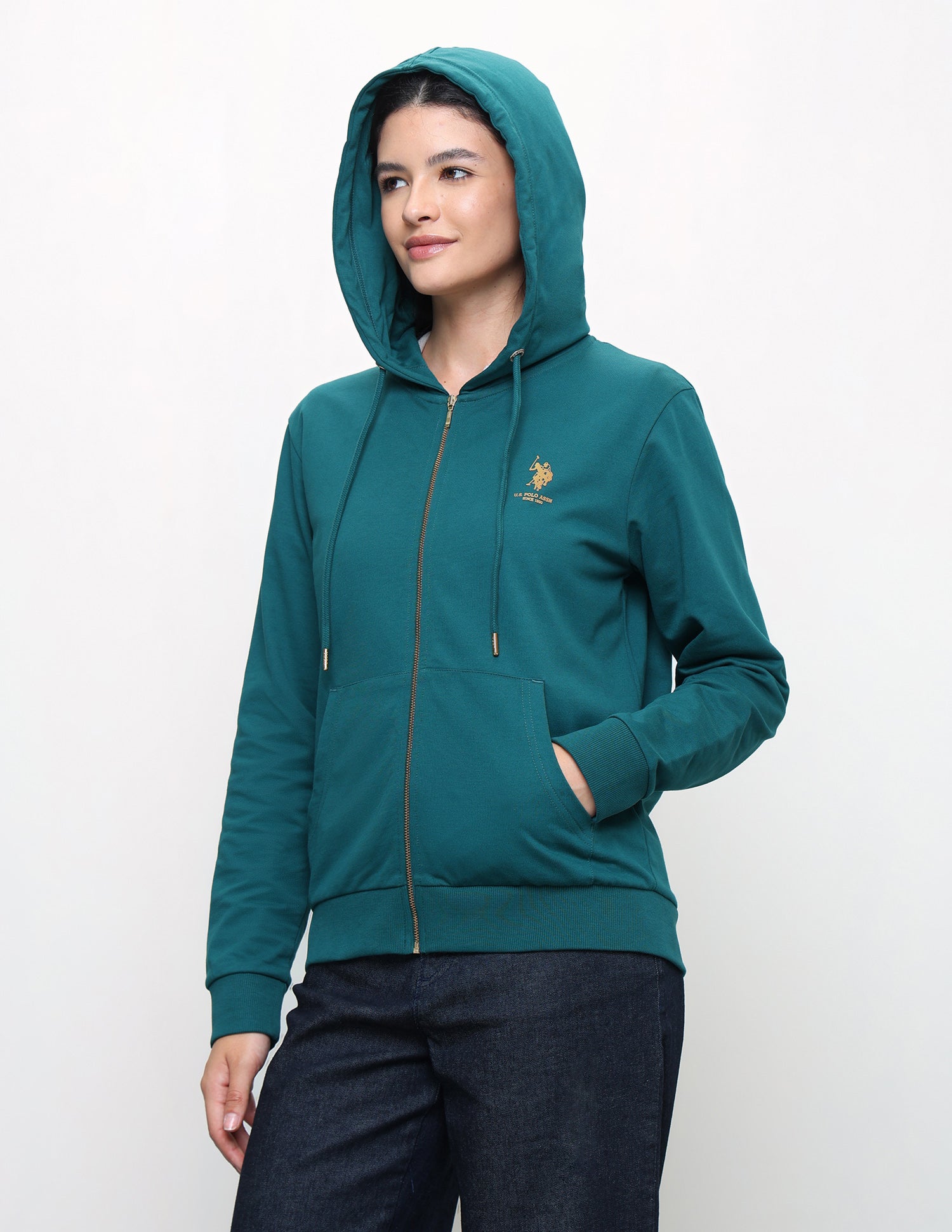 Solid Regular Fit Zipper Sweatshirt Teal - U.S. Polo Assn. India | Large