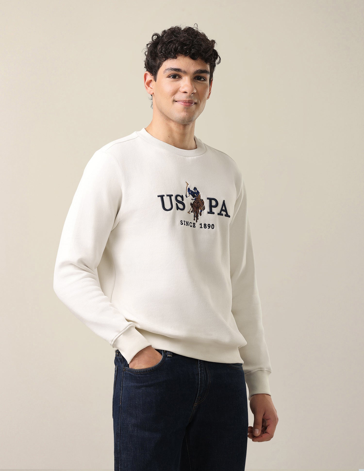 Brand Embroidered Slim Fit Sweatshirt Off White - U.S. Polo Assn. India | Large