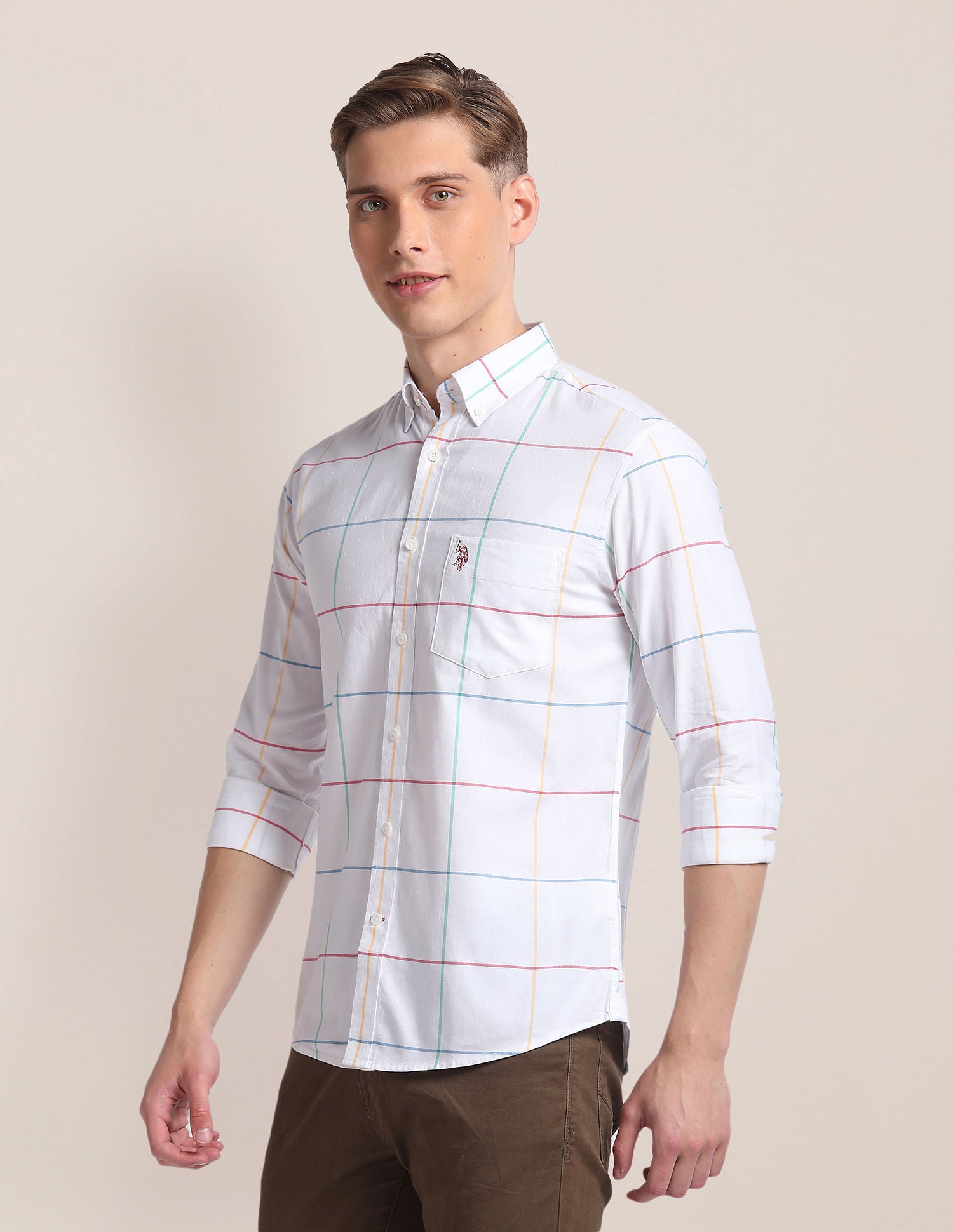 Premium Cotton Windowpane Check Shirt White - U.S. Polo Assn. India | Large