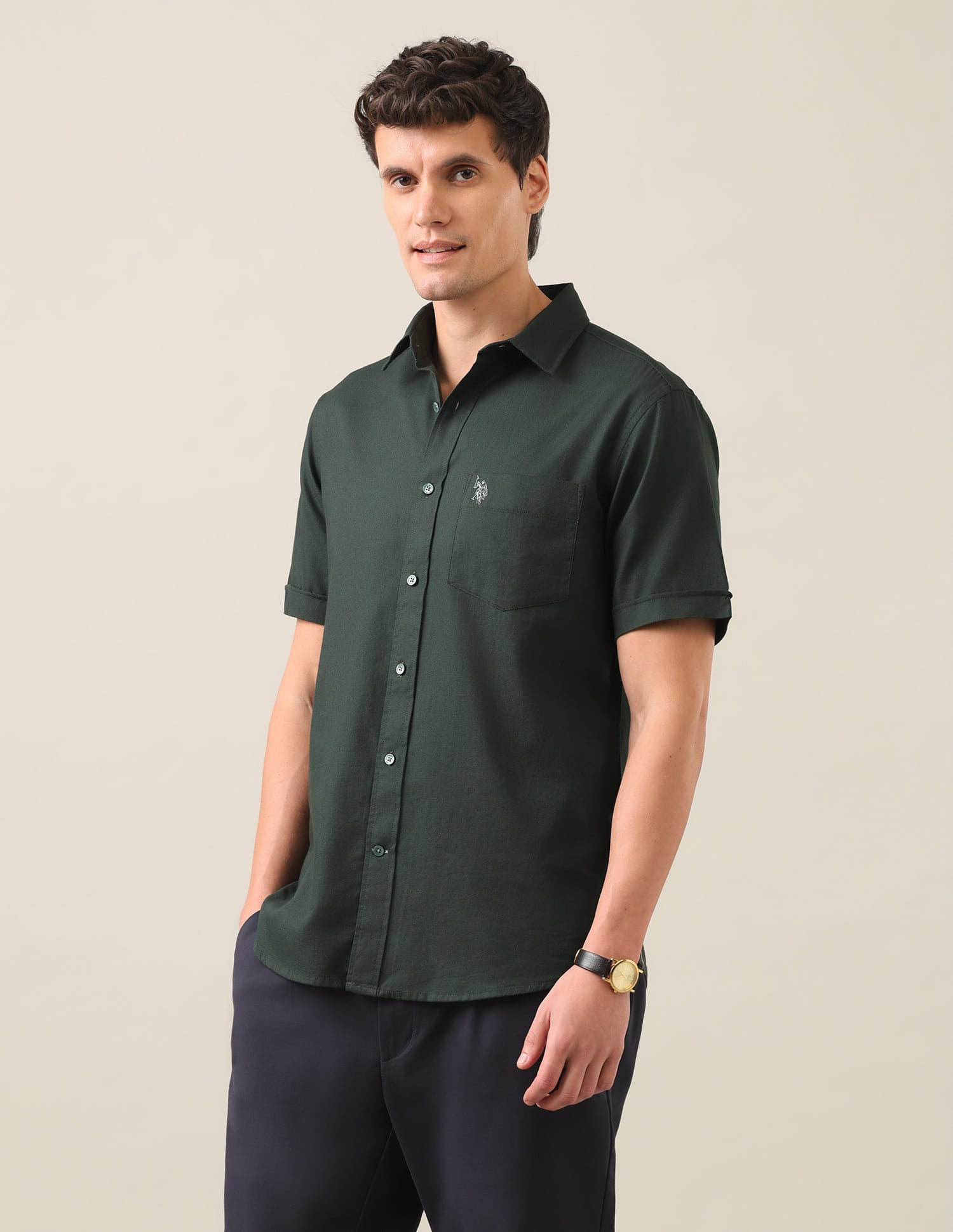 Solid Dobby Shirt Dark Green - U.S. Polo Assn. India | Large