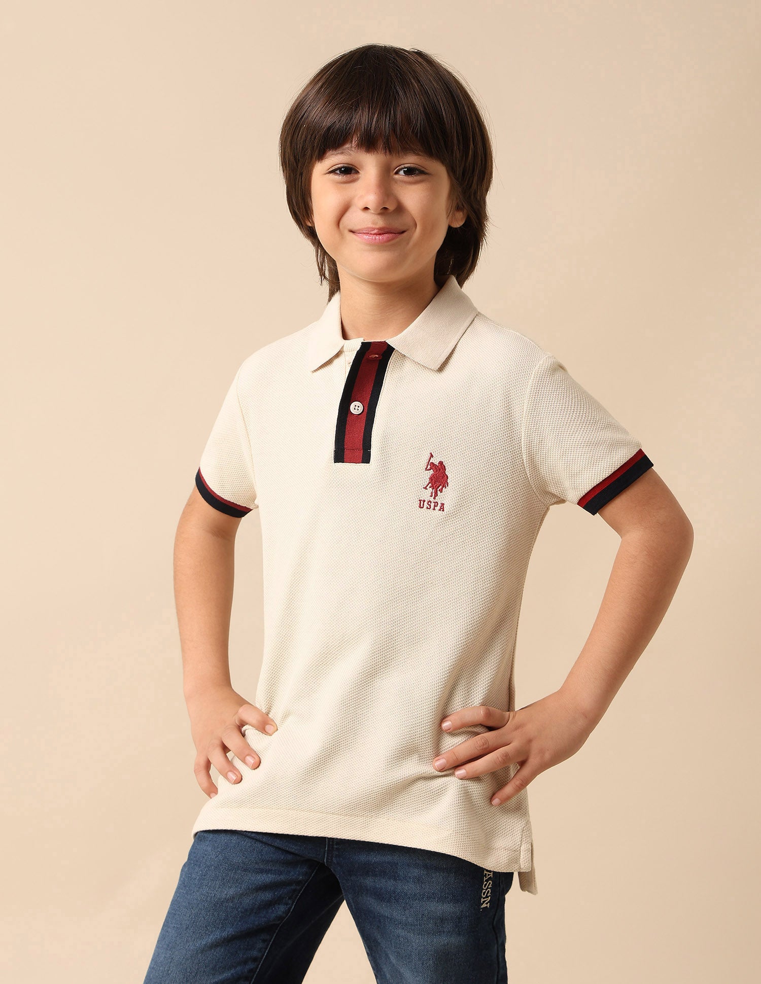 Boys Textured Pure Cotton Polo Shirt Beige - U.S. POLO ASSN. | Large