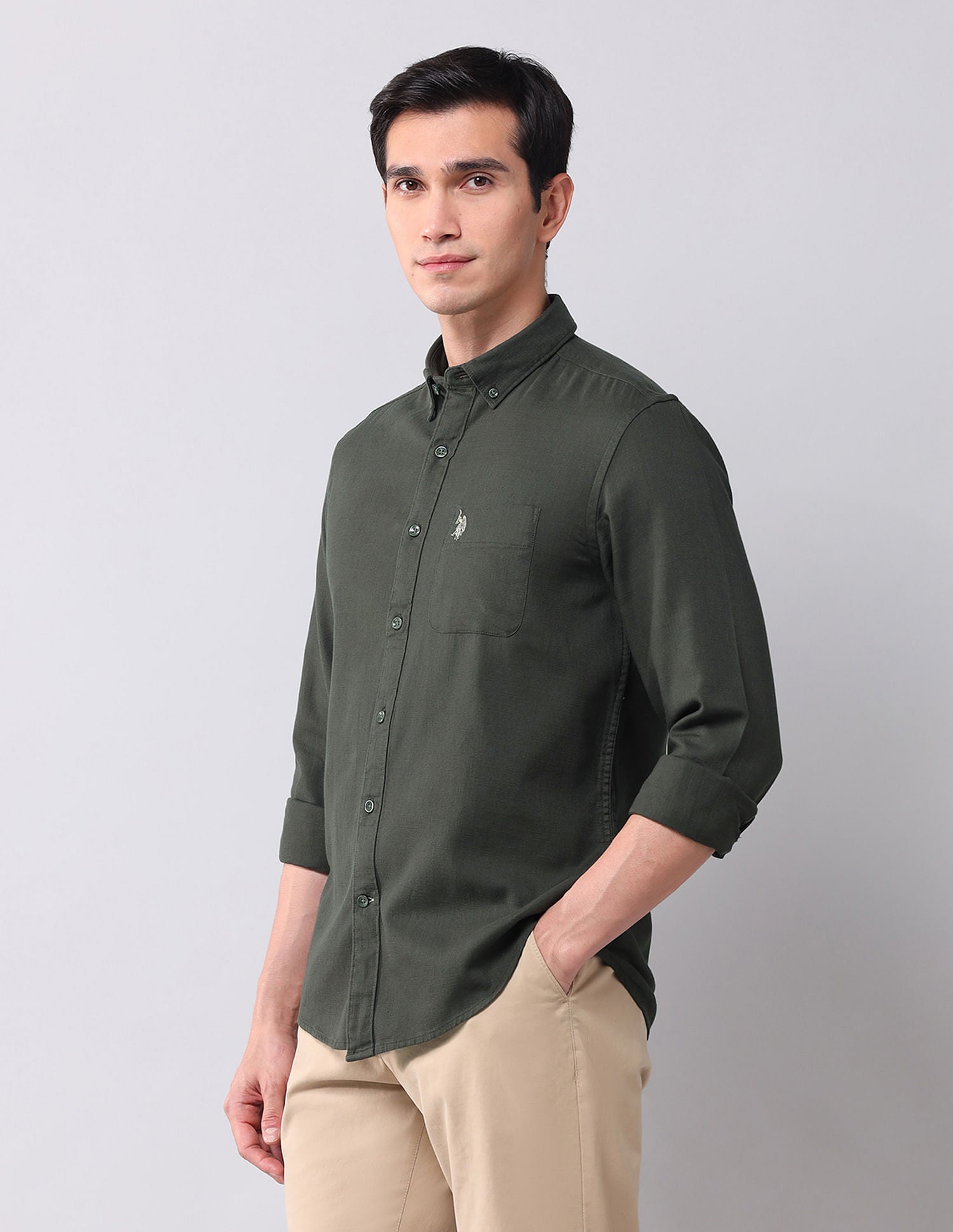 Regular Fit Twill Solid Shirt Olive - U.S. Polo Assn. India | Large