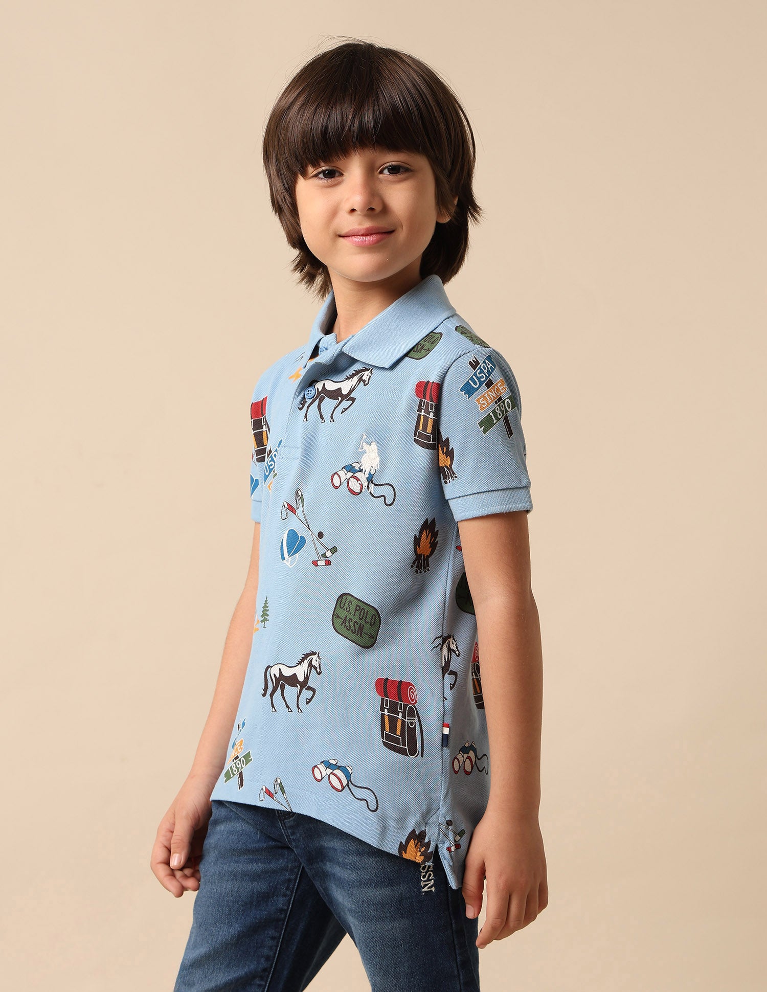 Boys All Over Printed Pure Cotton Polo Shirt Blue - U.S. POLO ASSN. | Large