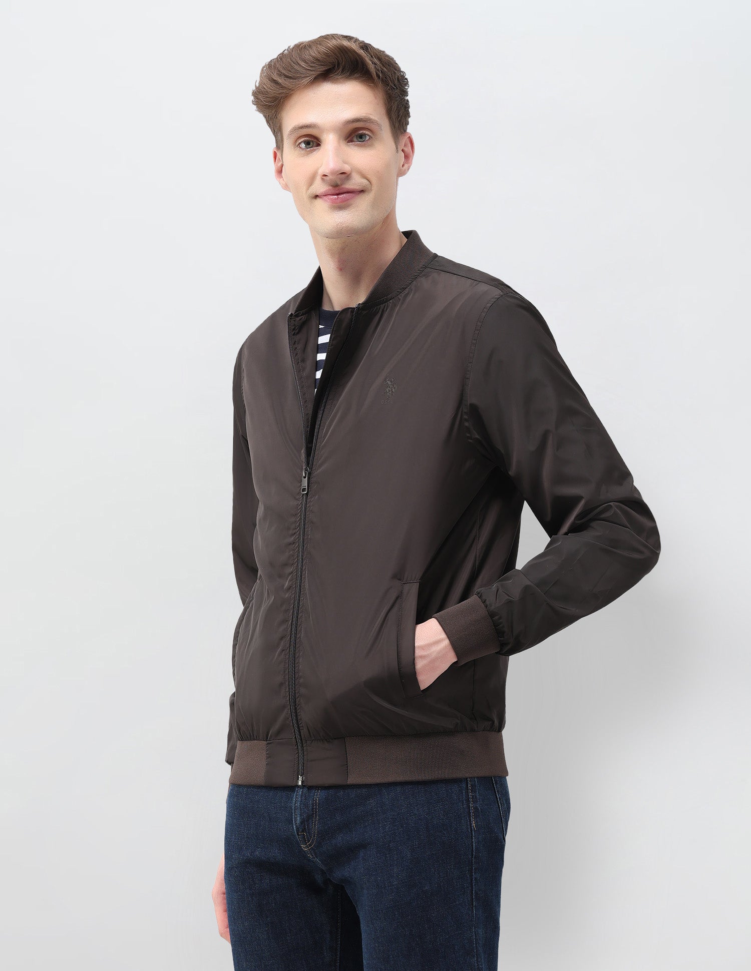 Solid Regular Fit Bomber Jacket Choco - U.S. Polo Assn. India | Large