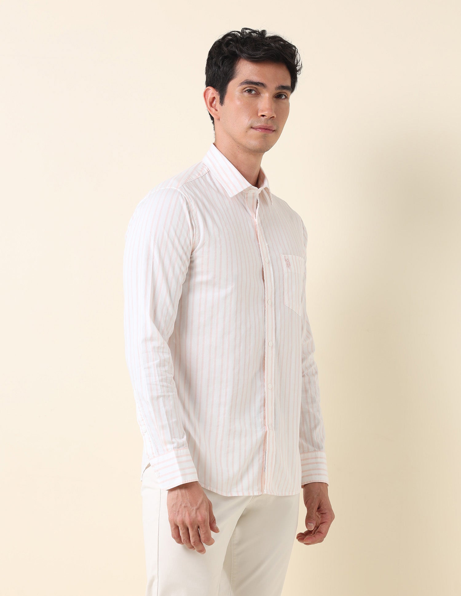 Tailored Fit Vertical Striped Shirt Peach - U.S. Polo Assn. India | Large