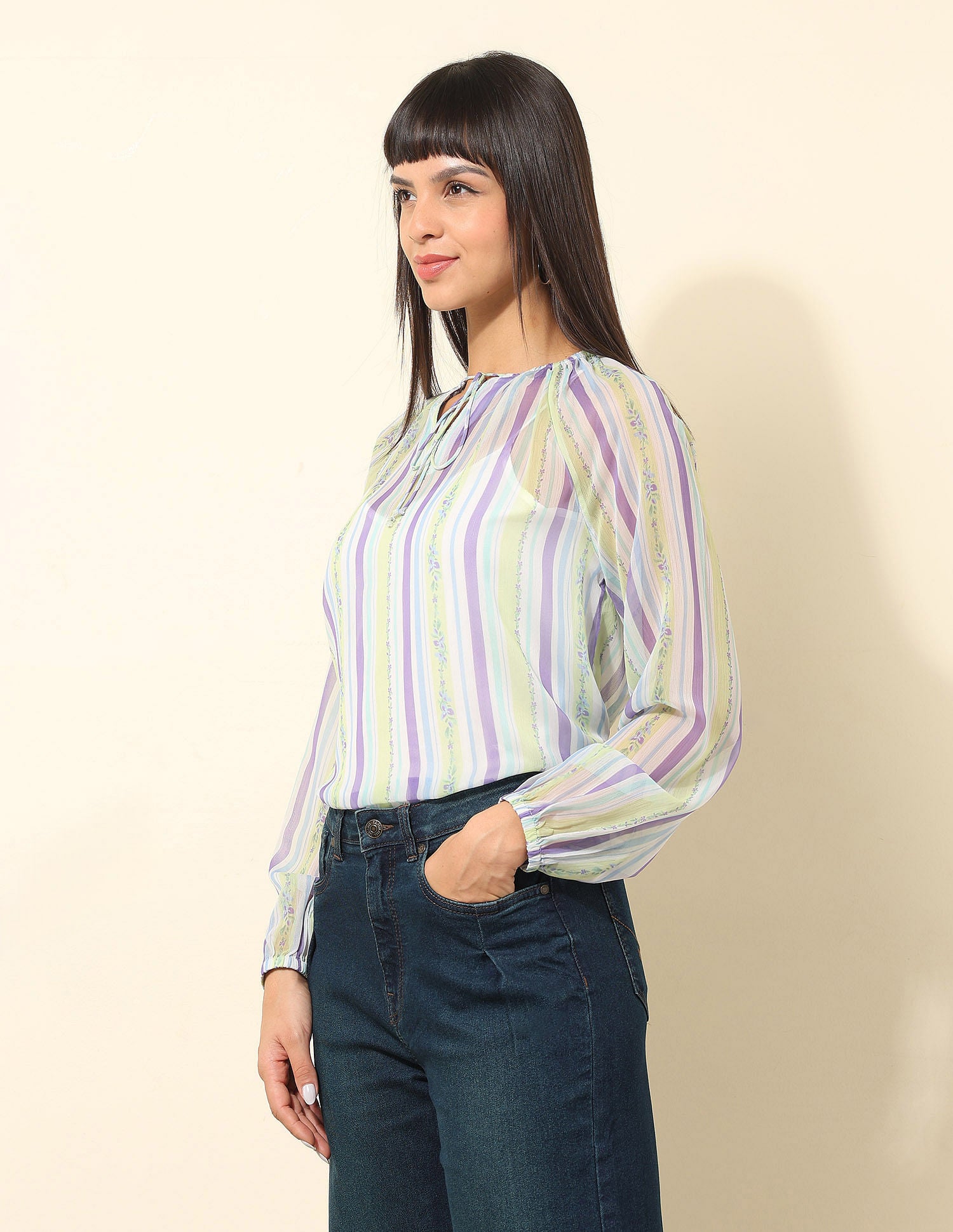 Chiffon Sheer Vertical Striped Top Multi - U.S. POLO ASSN. | Large