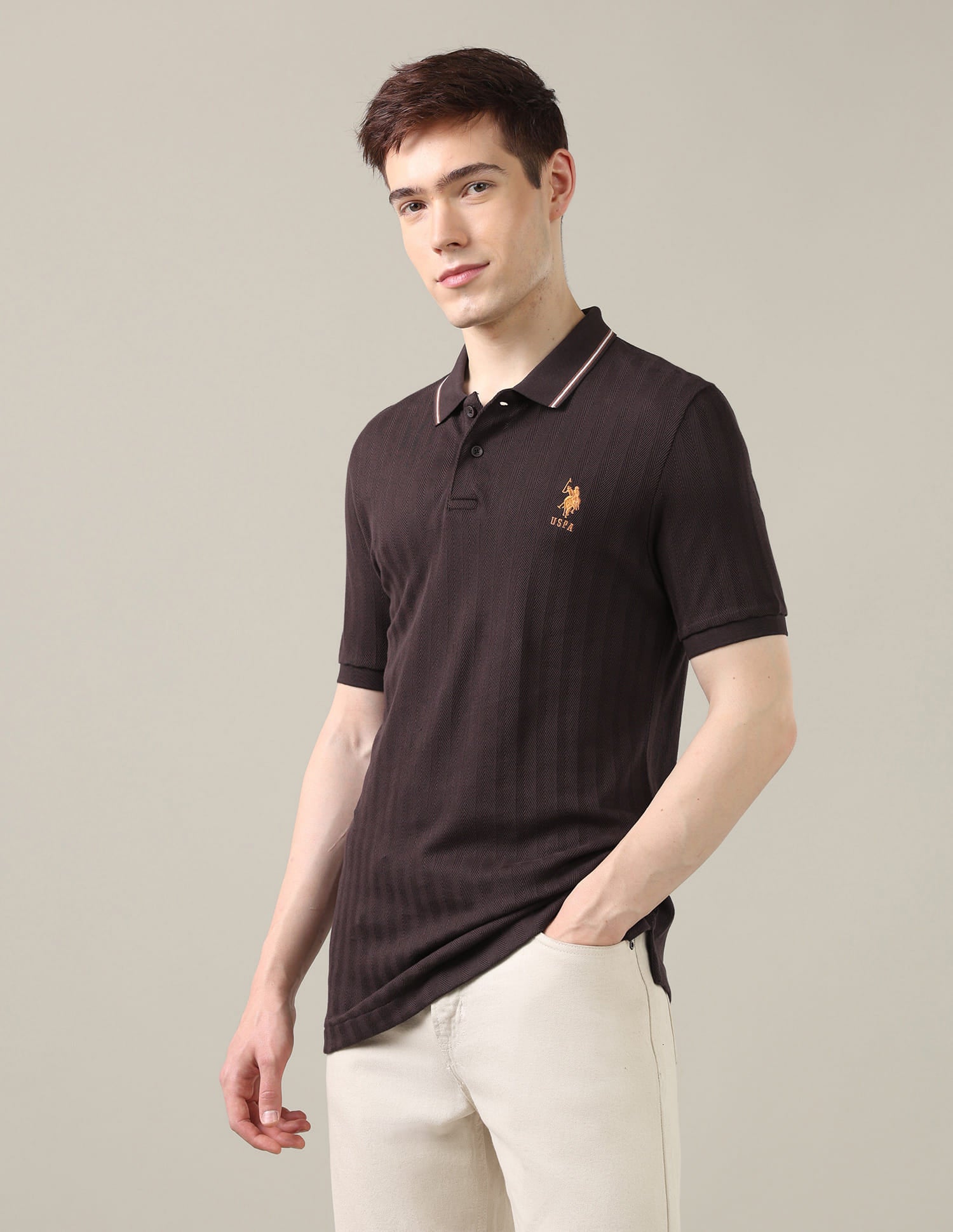Textured Chevron Slim Fit Polo Shirt Brown - U.S. Polo Assn. India | Large