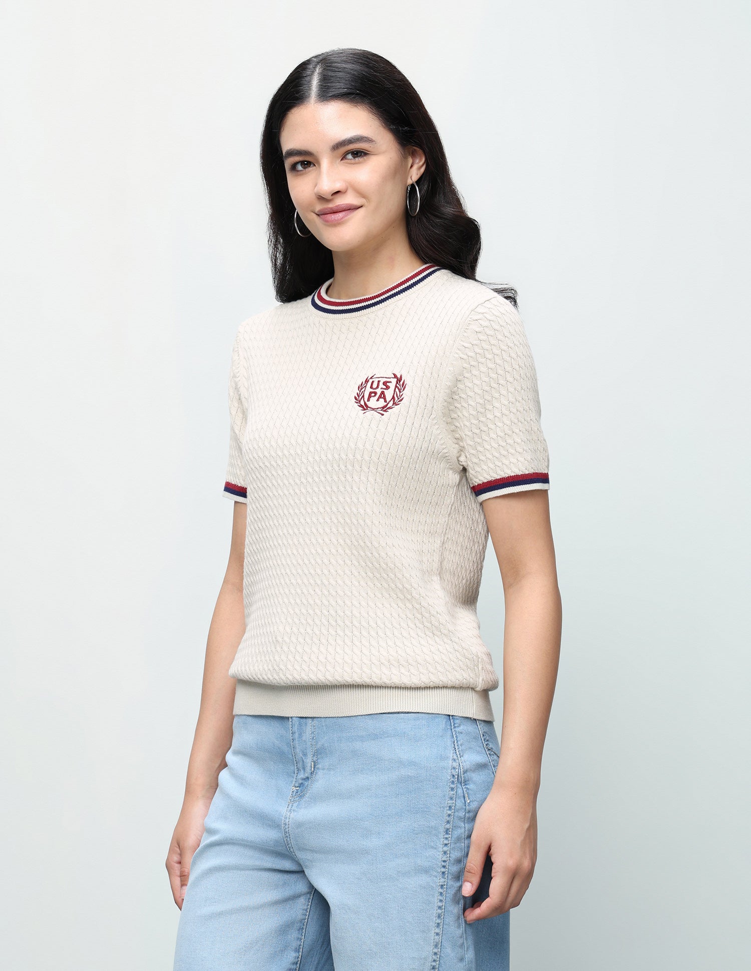 Cable Knit Boxy Fit Top Beige - U.S. Polo Assn. India | Large