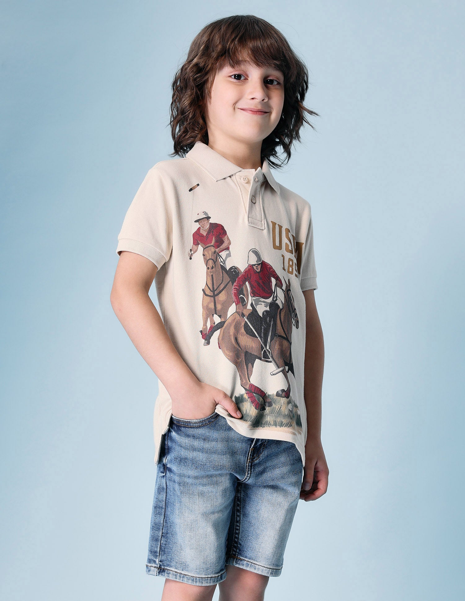 Boys Brand Printed Pure Cotton Polo Shirt Beige - U.S. POLO ASSN. | Large