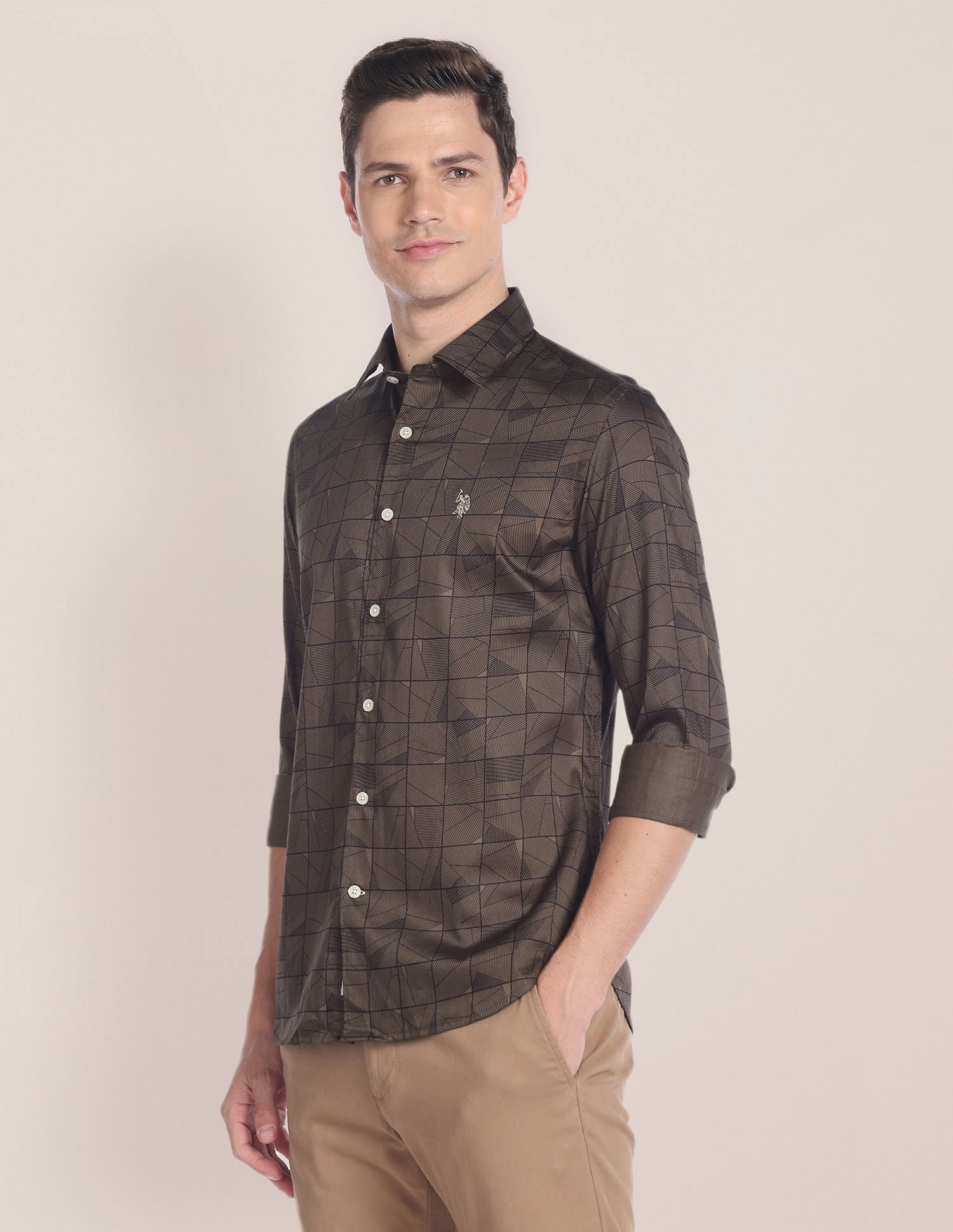 Geometric Print Sateen Shirt Brown - U.S. POLO ASSN. | Large