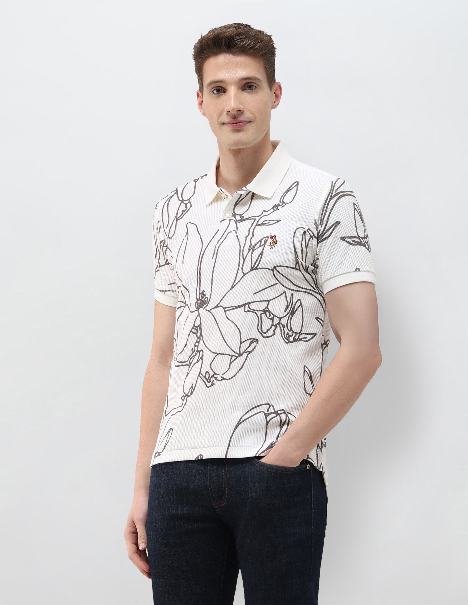 Floral Printed Summer House Polo Shirt Ivory - U.S. Polo Assn. India | Large