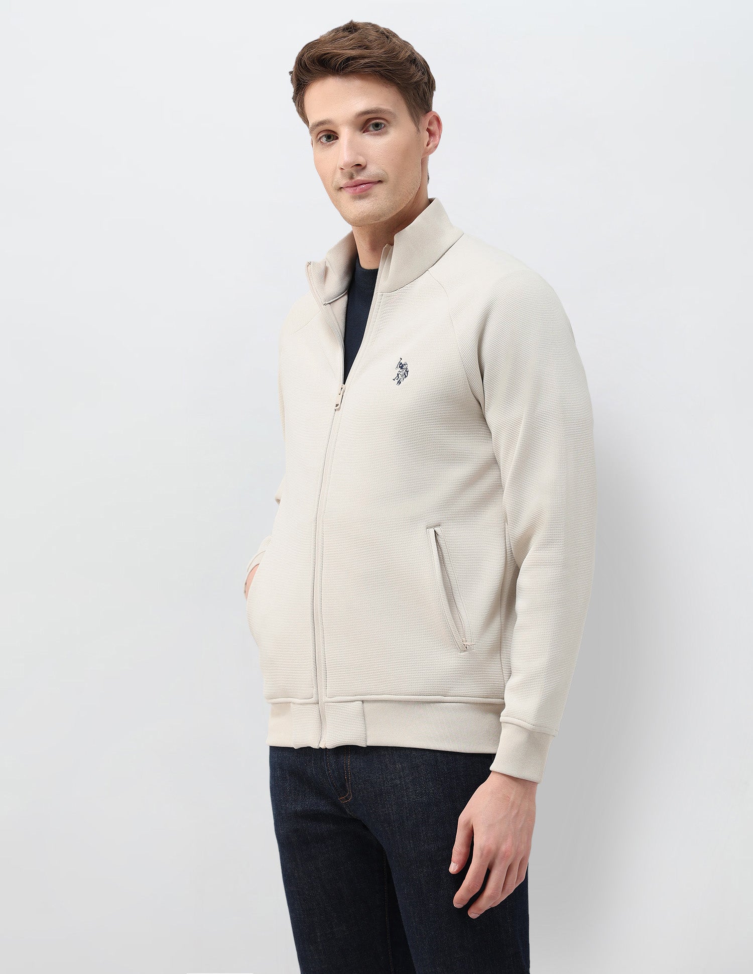 Textured Zipper Sweatshirt Beige - U.S. POLO ASSN. | Large