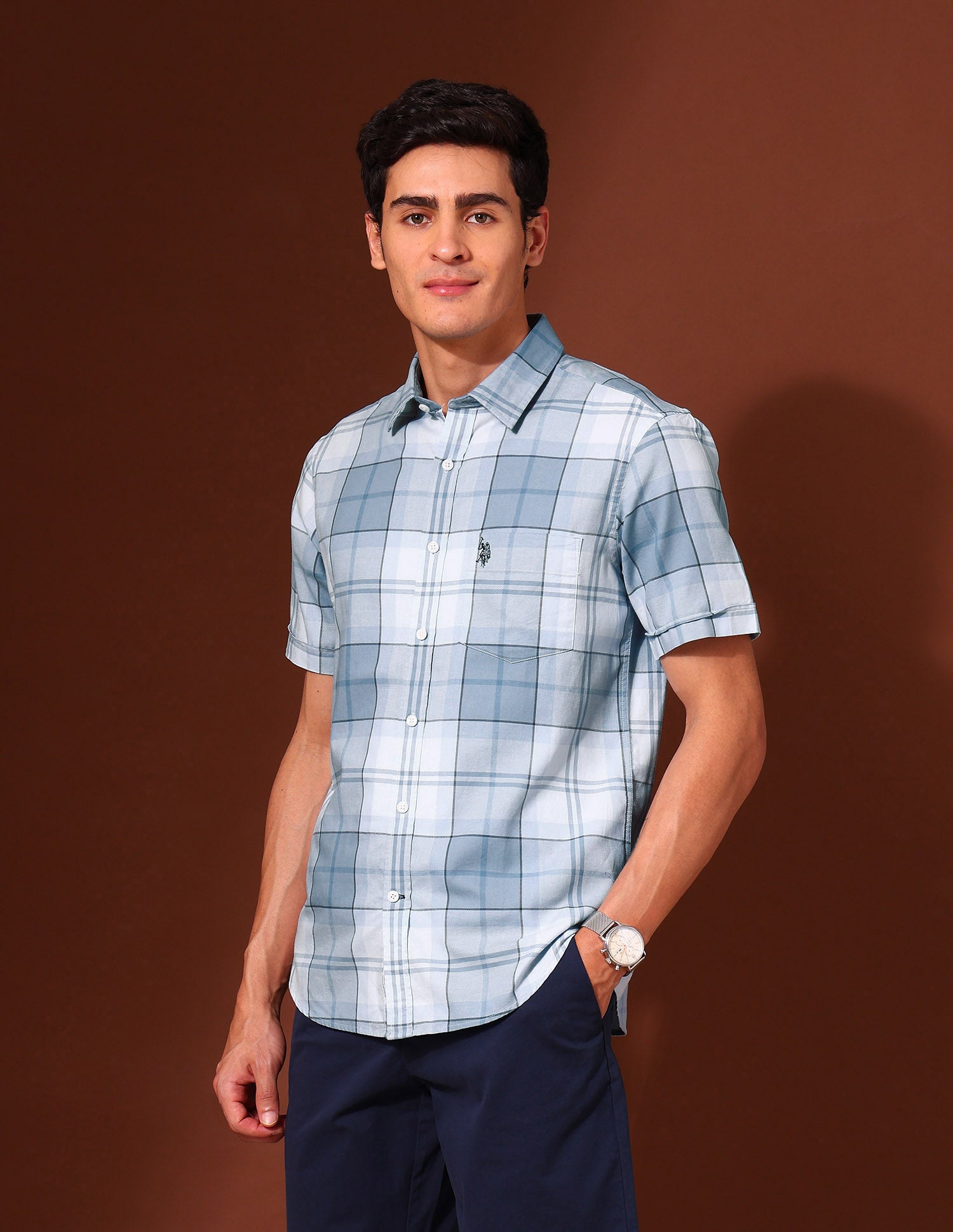 Plaid Checked Pure Cotton Shirt Light Blue - U.S. Polo Assn. India | Large