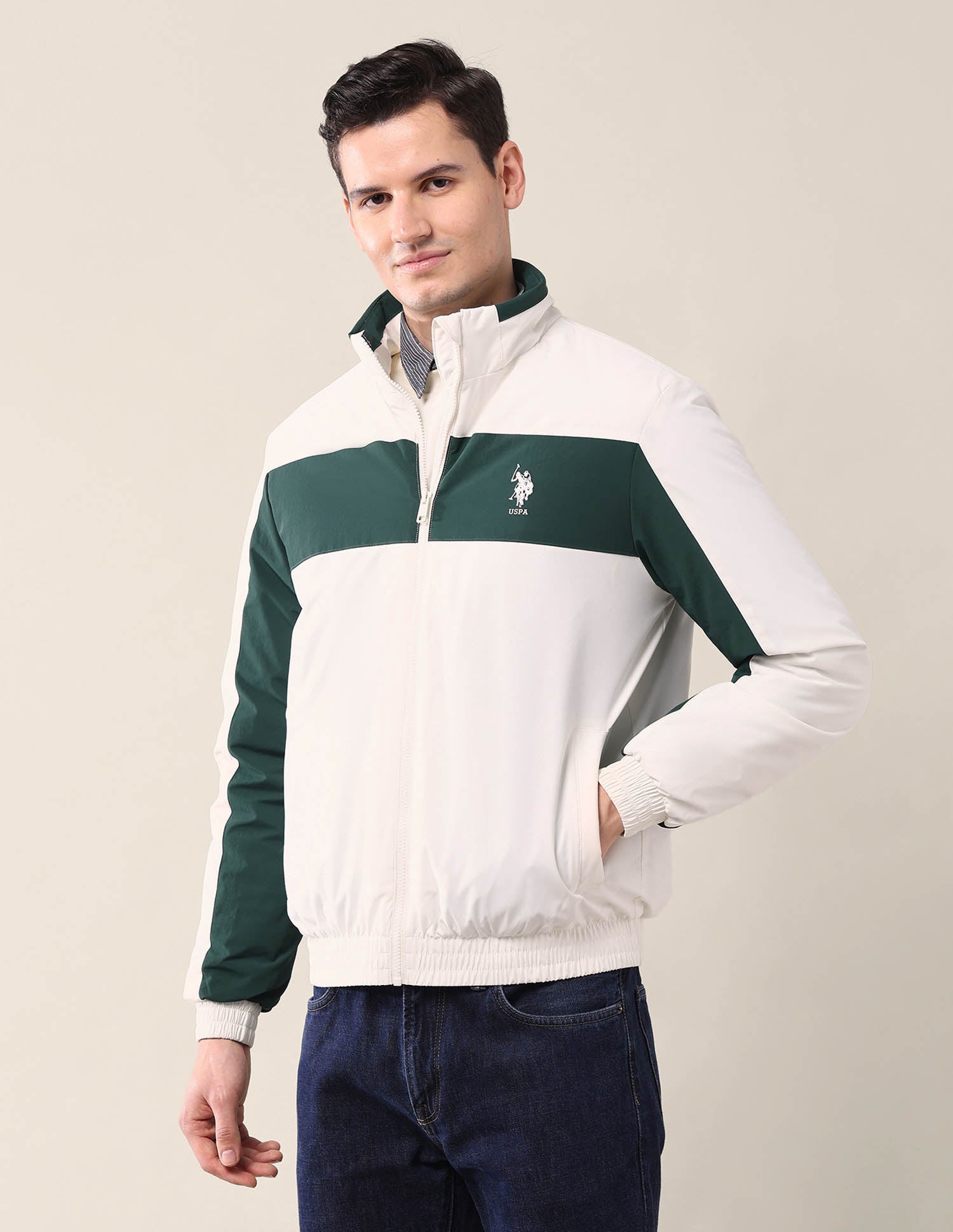 Colourblocked Regular Fit Jacket Ecru - U.S. Polo Assn. India | Large