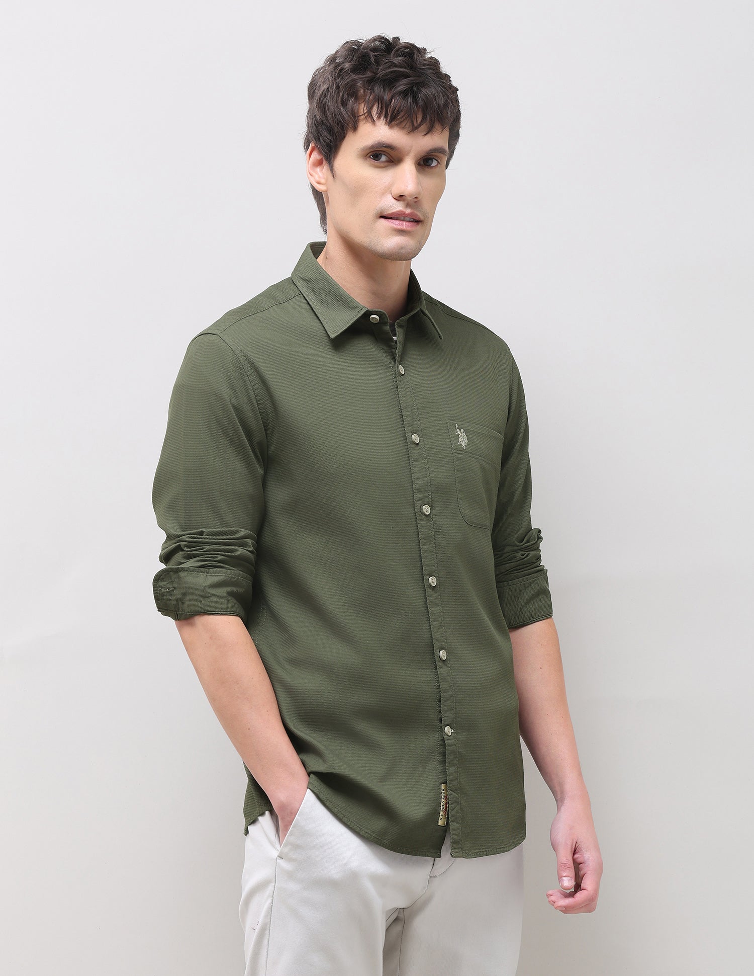 Textured Regular Fit Shirt Olive - U.S. Polo Assn. India | Large