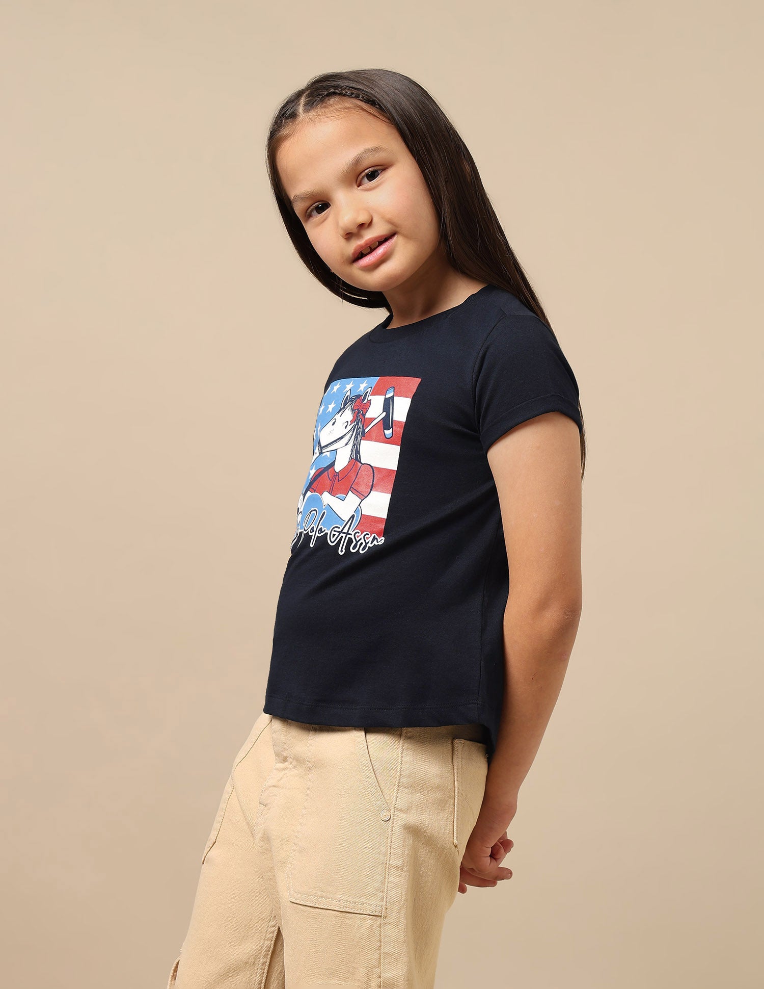Girls Brand Print Cotton T-Shirt Navy - U.S. Polo Assn. India | Large