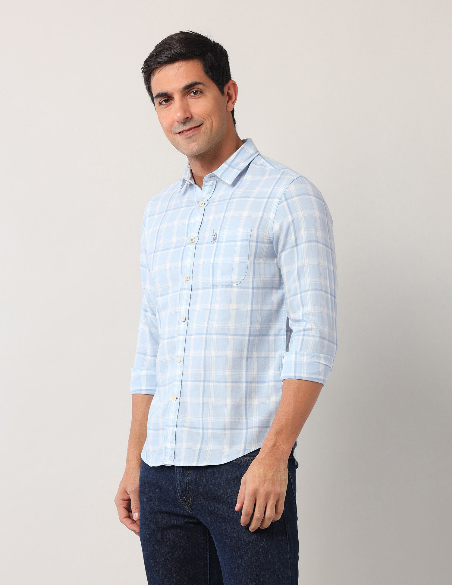 Regular Fit Grid Tattersall Checked Shirt Light Blue - U.S. Polo Assn. India | Large