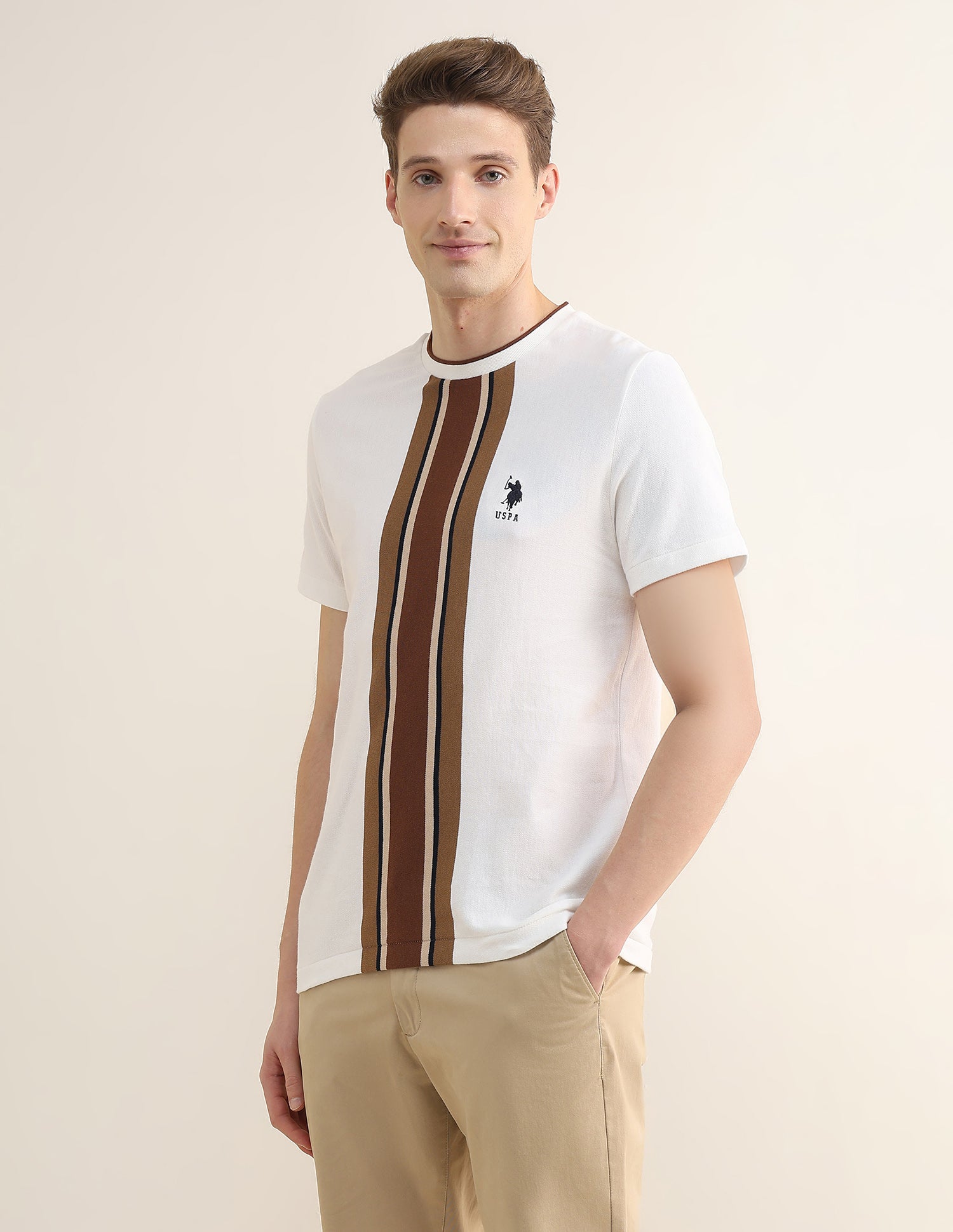 Vertical Striped Slim Fit T-Shirt Off White - U.S. Polo Assn. India | Large