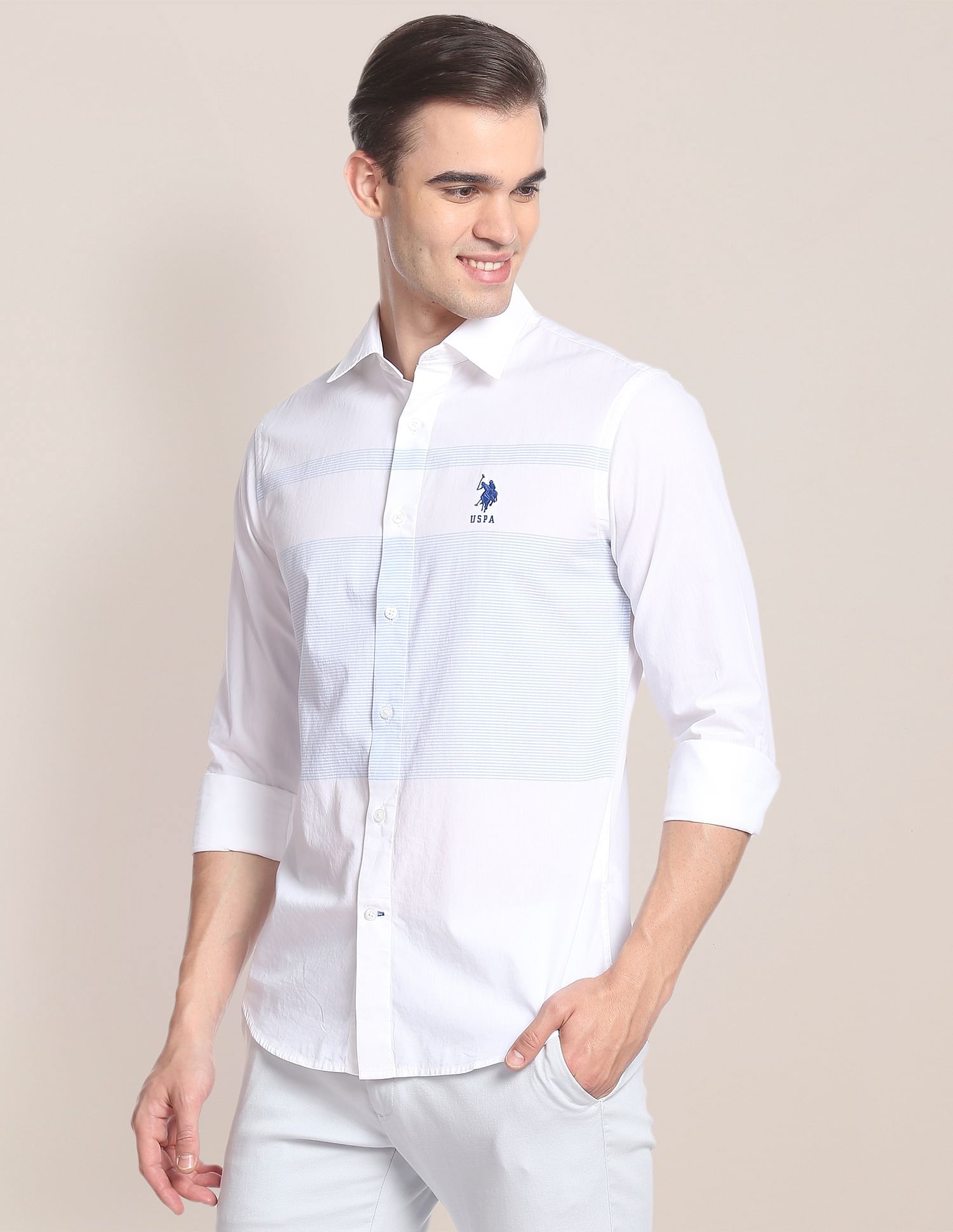 Signature Engineered Stripe Cotton Shirt White - U.S. Polo Assn. India | Large