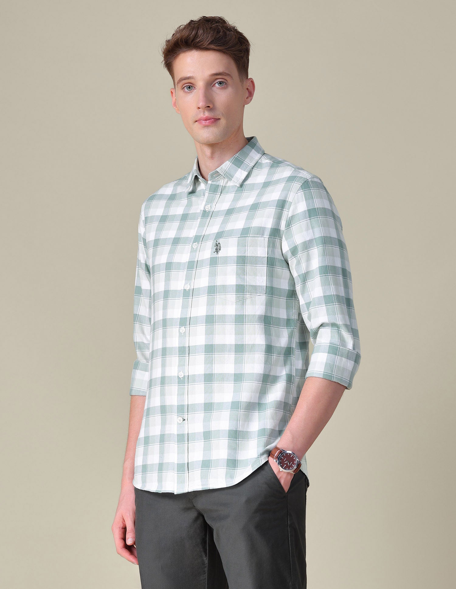 Grid Tattersall Checked Tailored Fit Shirt Light Green - U.S. POLO ASSN. | Large