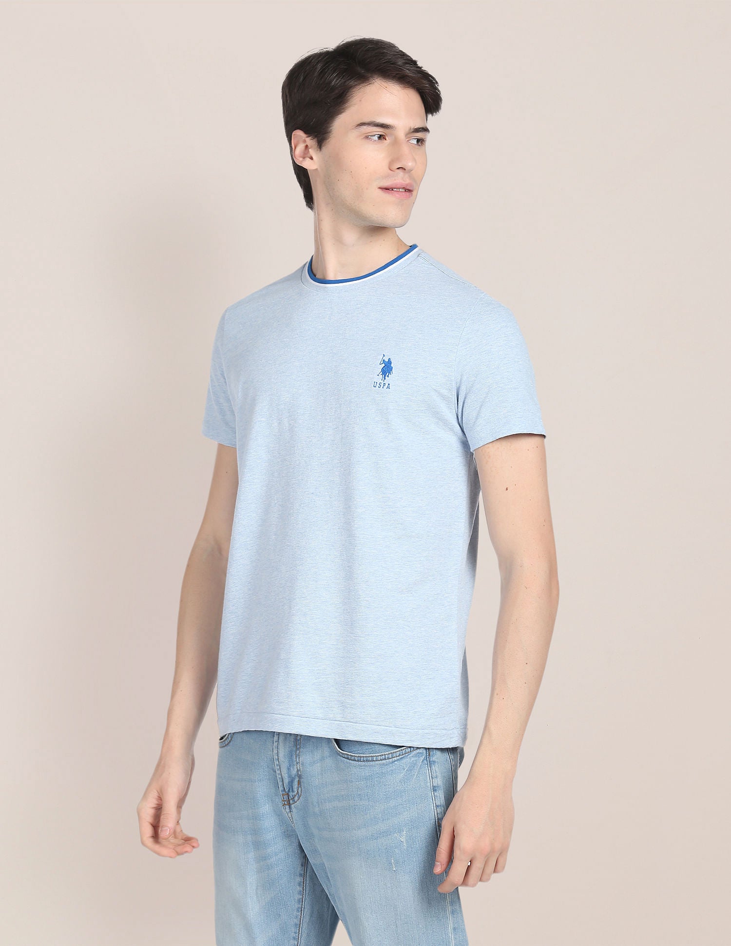 Pure Cotton Ringer T-Shirt Light Blue - U.S. Polo Assn. India | Large