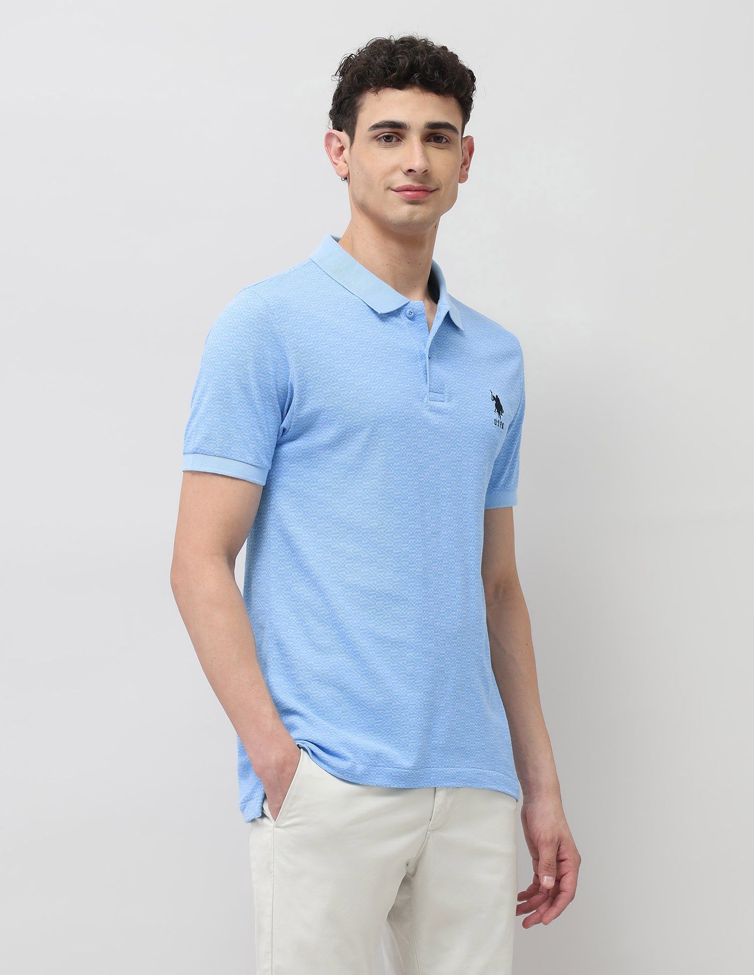 Slim Fit All Over Printed Polo Shirt Light Blue - U.S. Polo Assn. India | Large