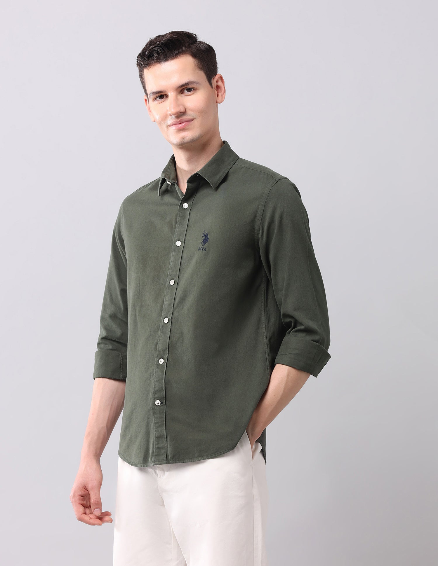 Solid Slim Fit Shirt Olive - U.S. POLO ASSN. | Large