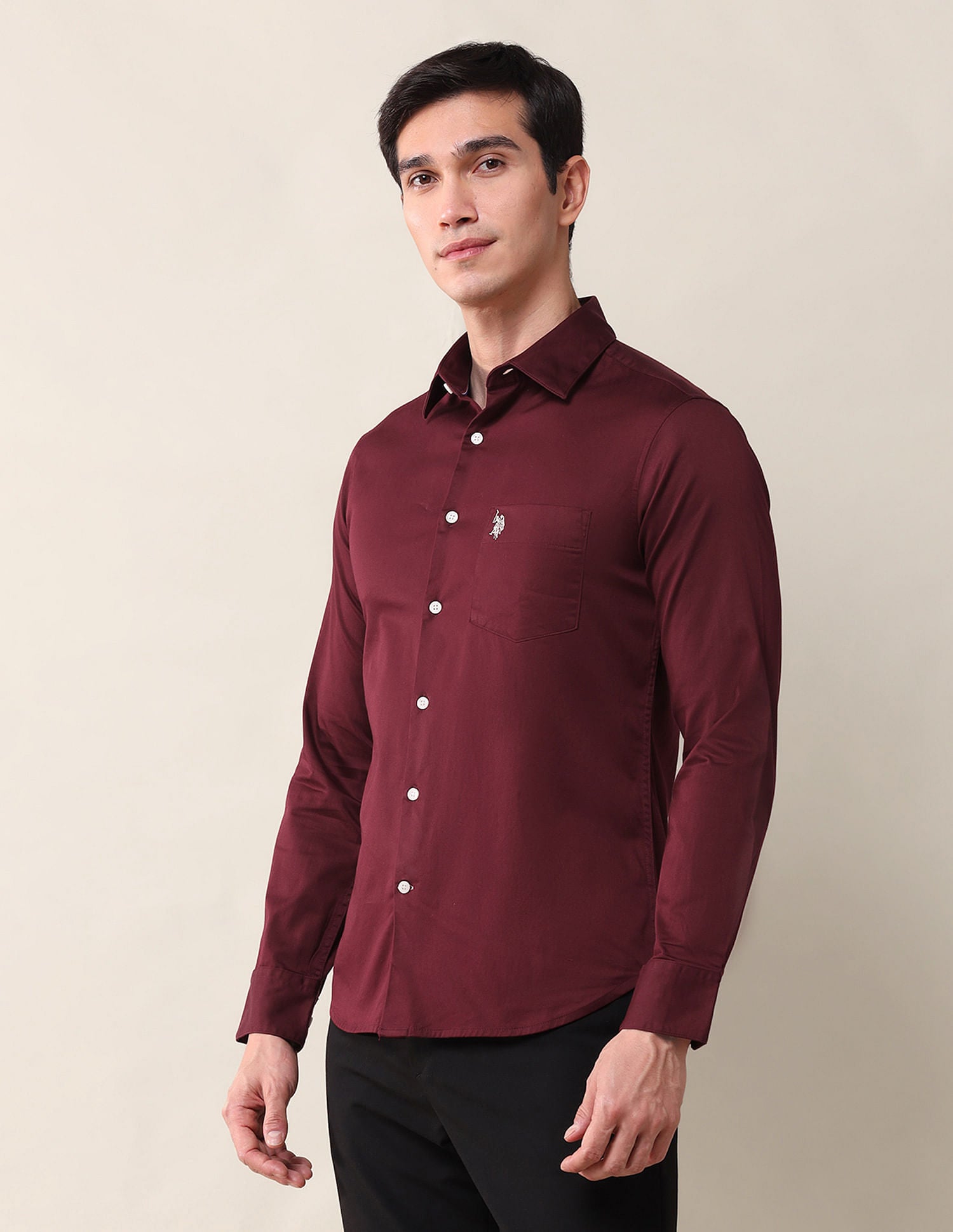 Tailored Fit Twill Solid Shirt Maroon - U.S. Polo Assn. India | Large