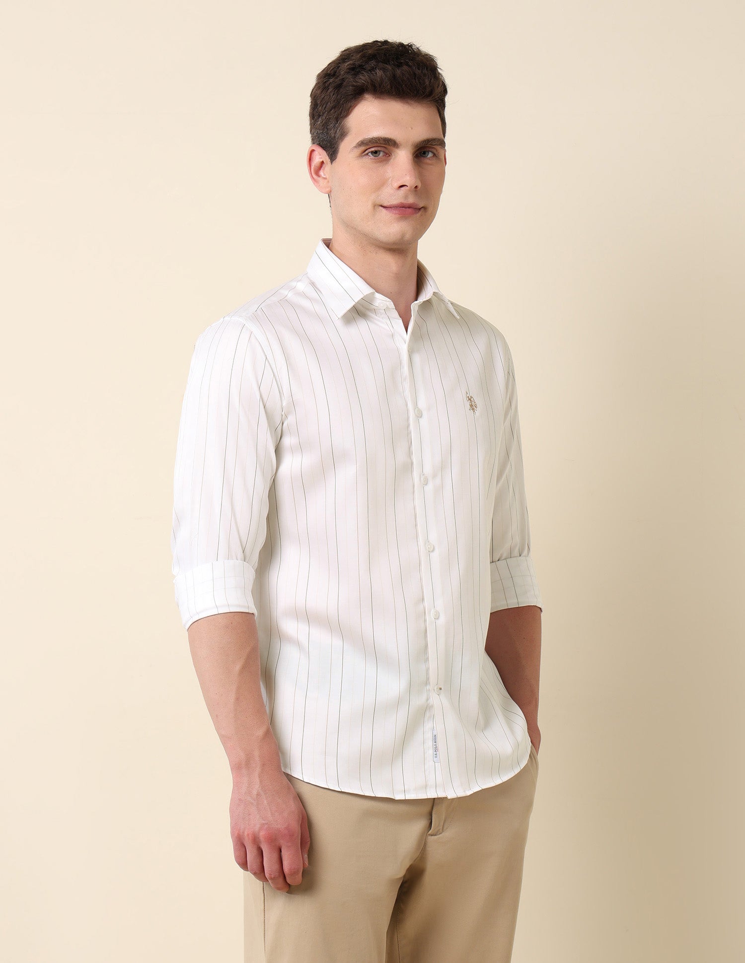 Vertical Striped Pure Cotton Shirt Beige - U.S. Polo Assn. India | Large