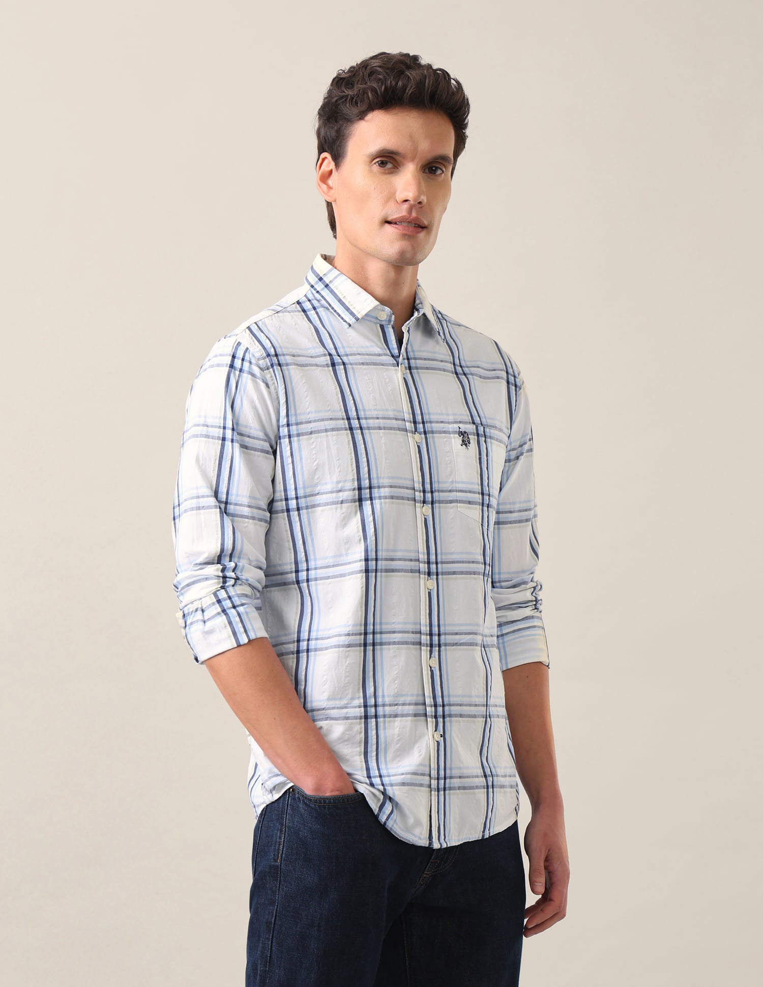 Plaid Checked Tailored Fit Shirt Blue - U.S. Polo Assn. India | Large