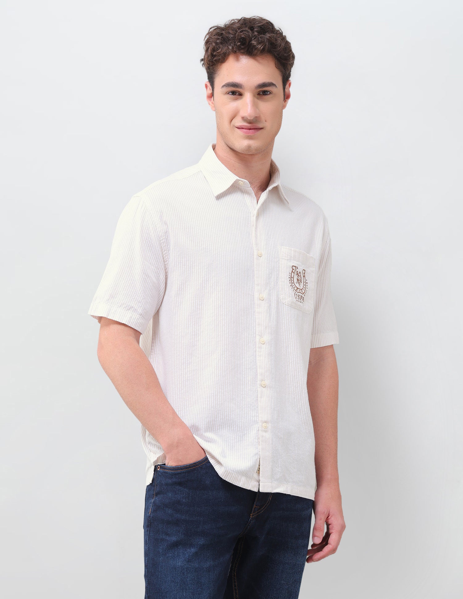 Vertical Striped Seersucker Weave Shirt Beige - U.S. Polo Assn. India | Large
