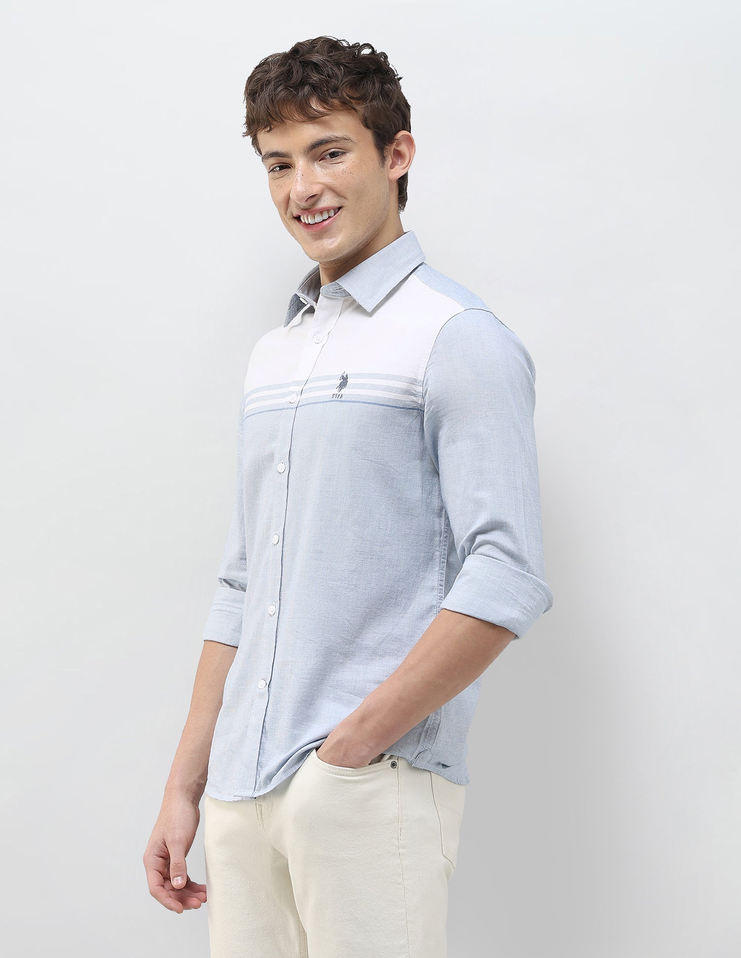 Solid Stripe Detail Regular Fit Shirt Blue - U.S. Polo Assn. India | Large