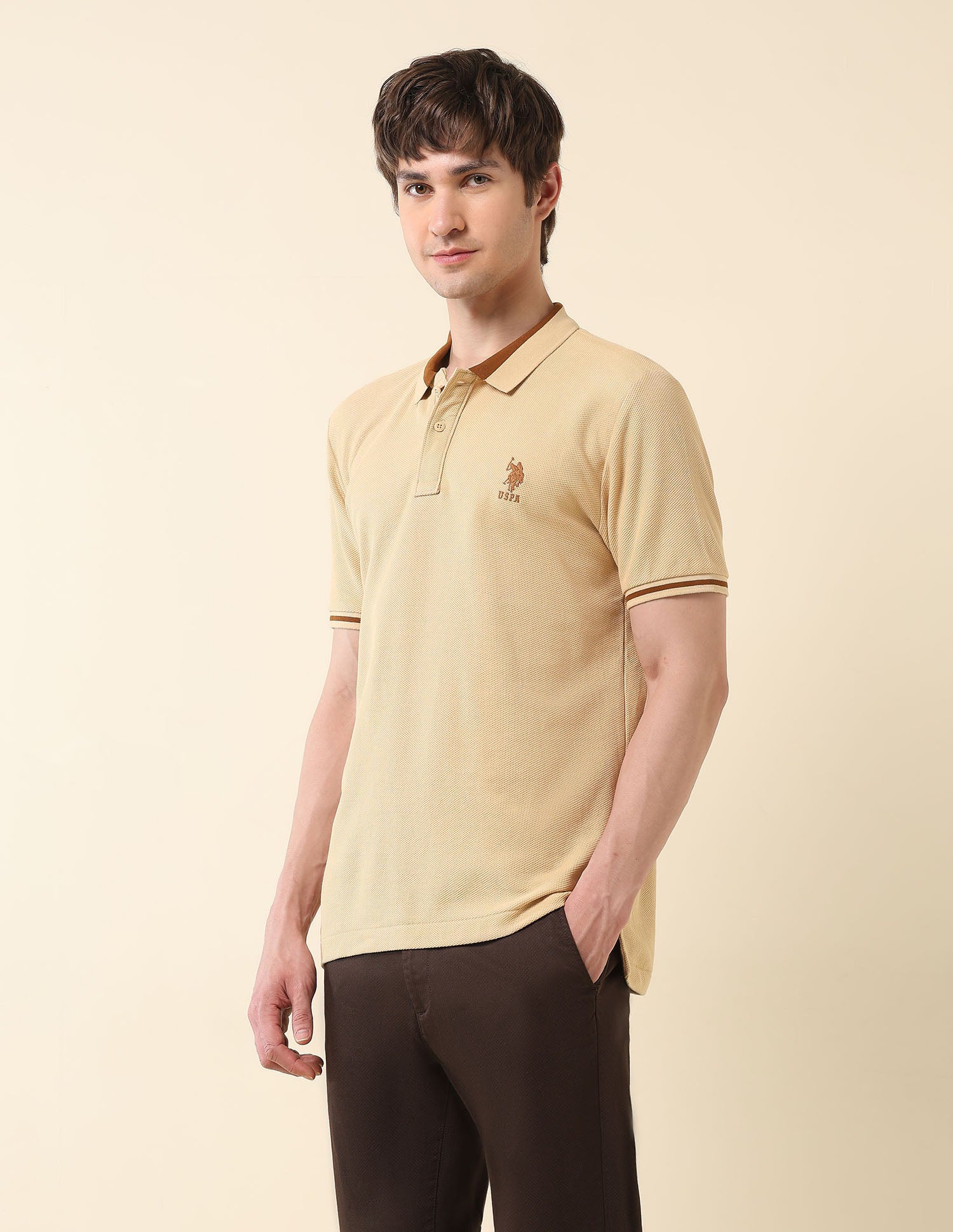 Textured Classic Polo Shirt Light Brown - U.S. Polo Assn. India | Large