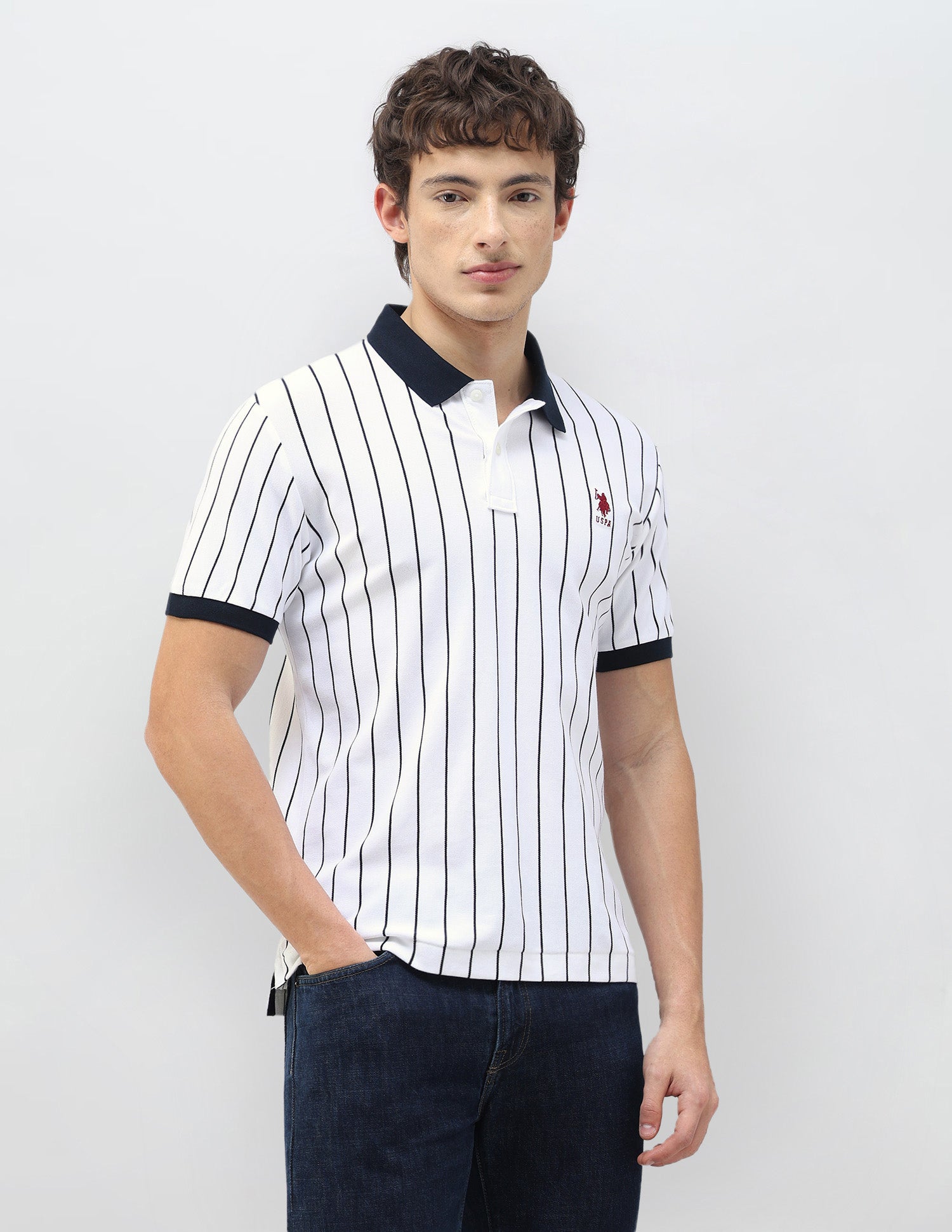 New Port Marina Vertical Striped Polo Shirt White - U.S. Polo Assn. India | Large