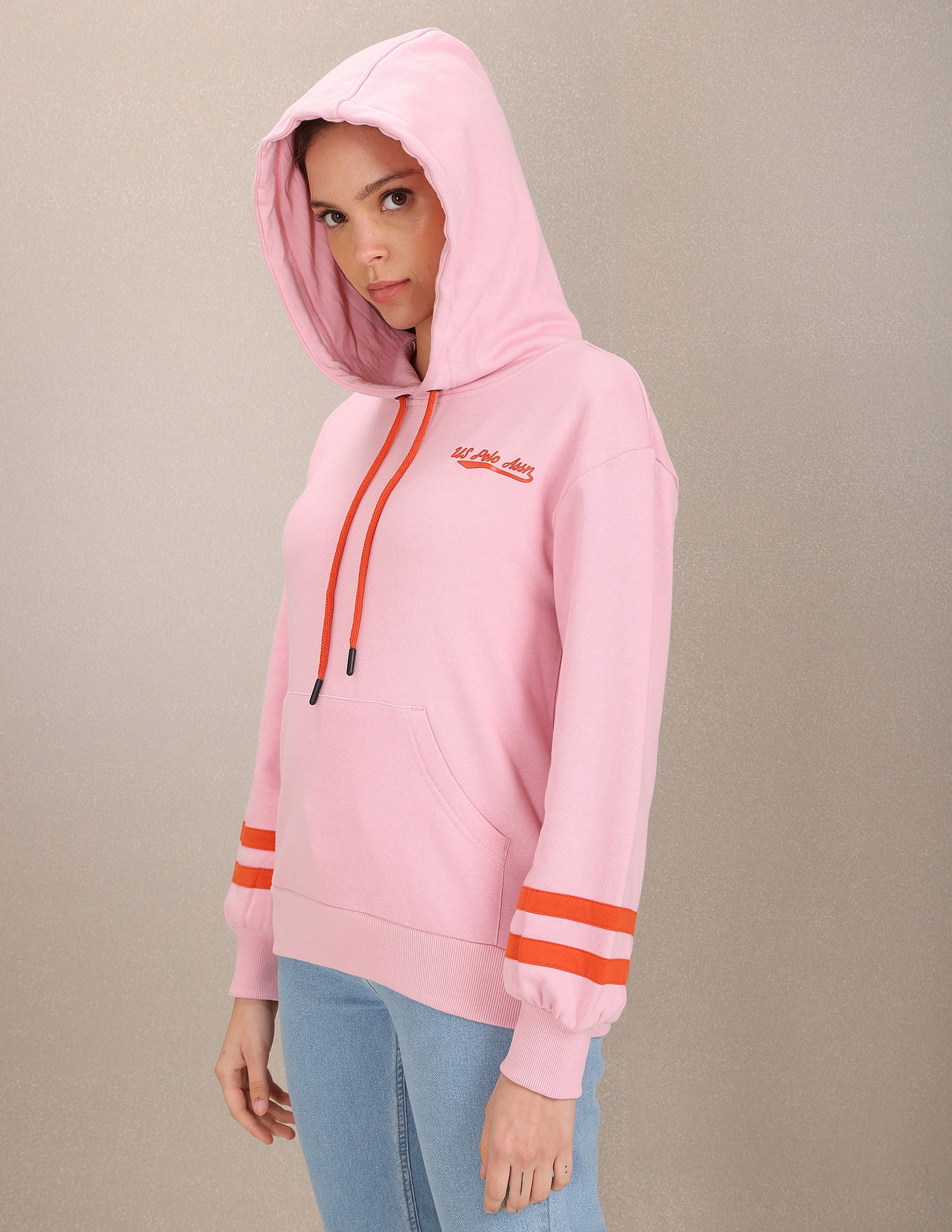Hooded Striped Sleeve Solid Sweatshirt Pink - U.S. Polo Assn. India | Large