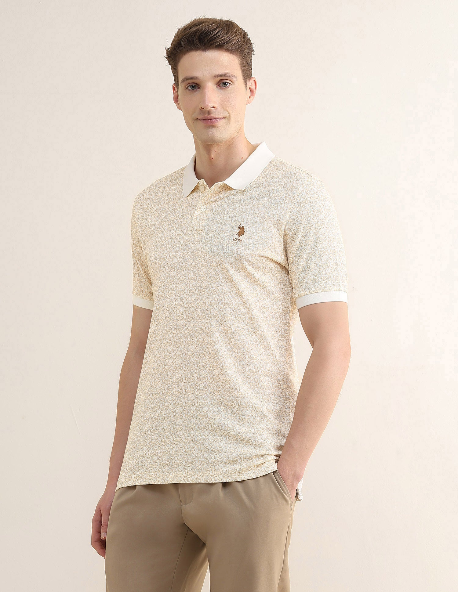 Tropical Printed Slim Fit Polo Shirt Beige - U.S. Polo Assn. India | Large