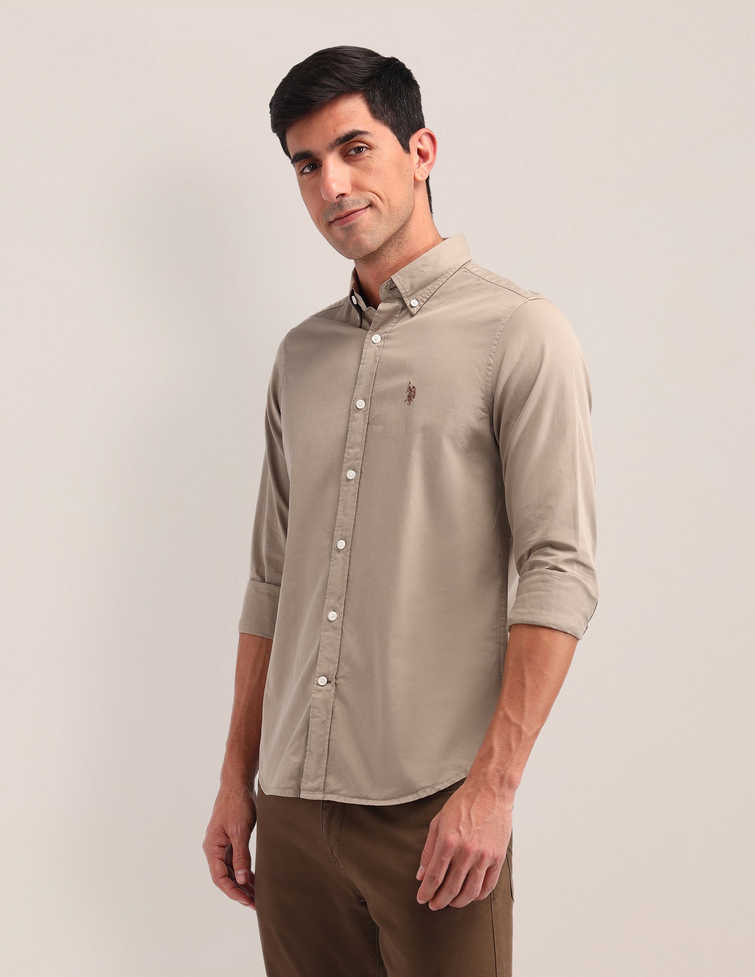 Solid Pattern Twill Shirt Beige - U.S. POLO ASSN. | Large