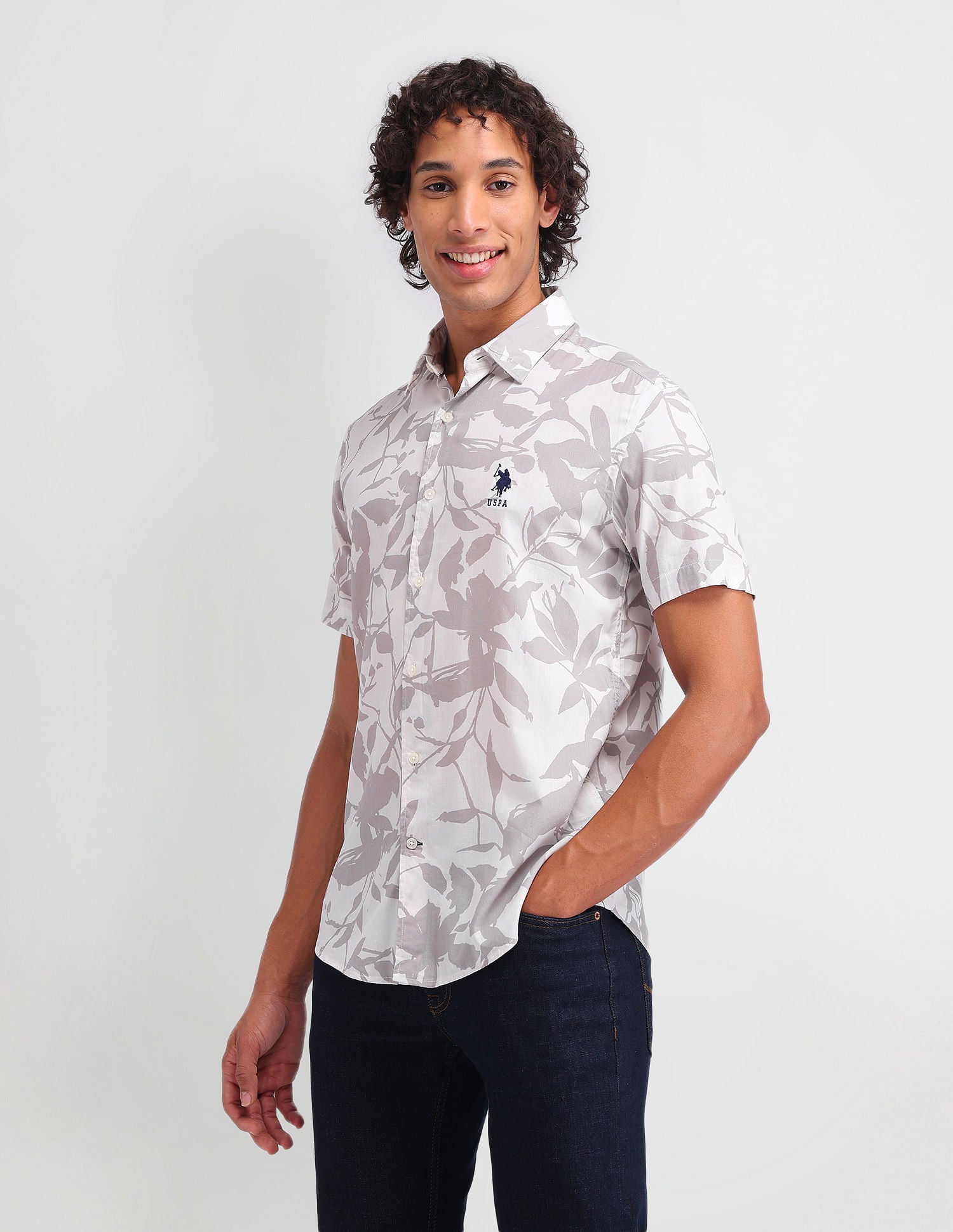 Slim Fit Floral Printed Shirt Taupe - U.S. Polo Assn. India | Large