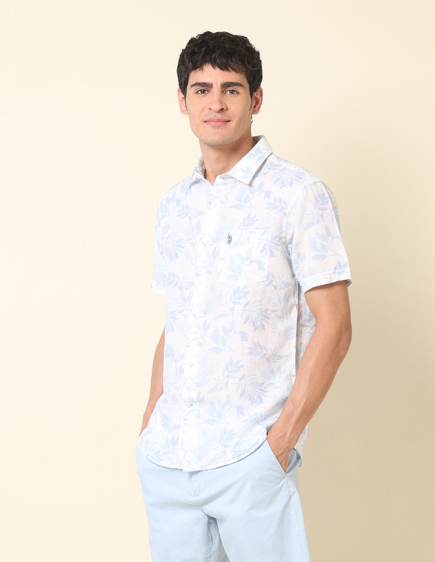 Tropical Printed Tailored Fit Shirt Light Blue - U.S. Polo Assn. India | Large