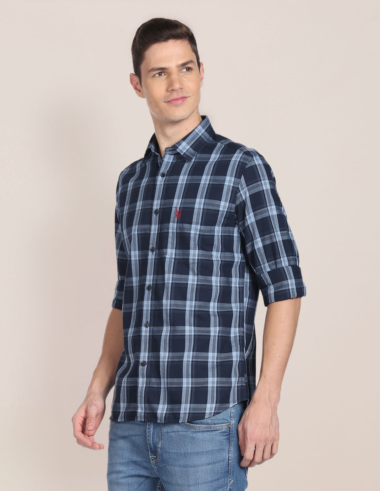 Spread Collar Tartan Check Shirt Dark Blue - U.S. Polo Assn. India | Large