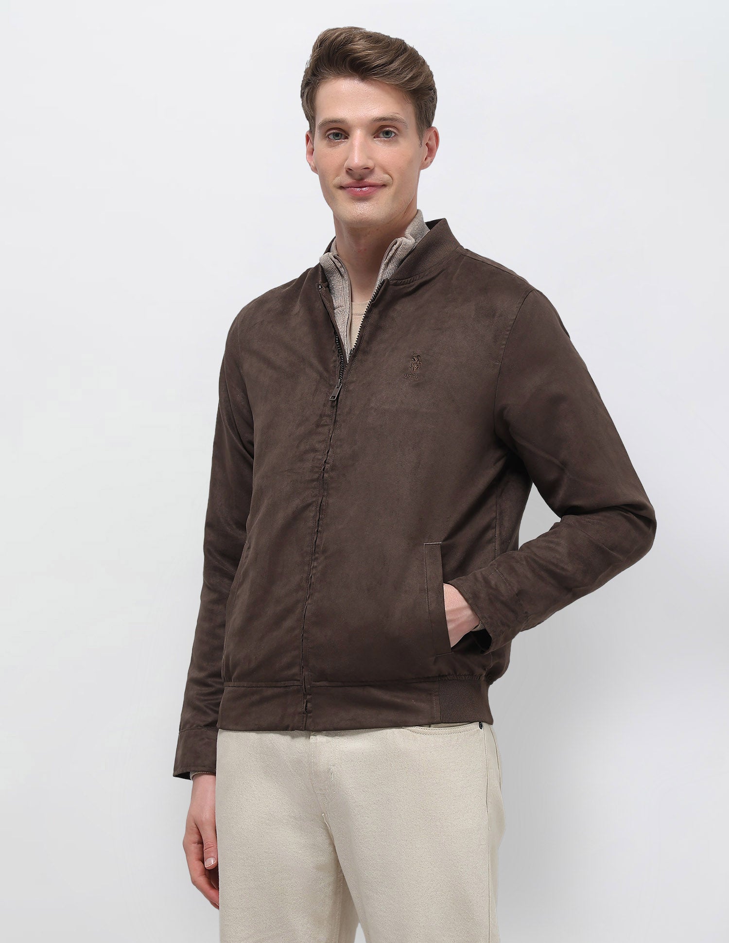 Solid Regular Fit Bomber Jacket Dark Brown - U.S. Polo Assn. India | Large