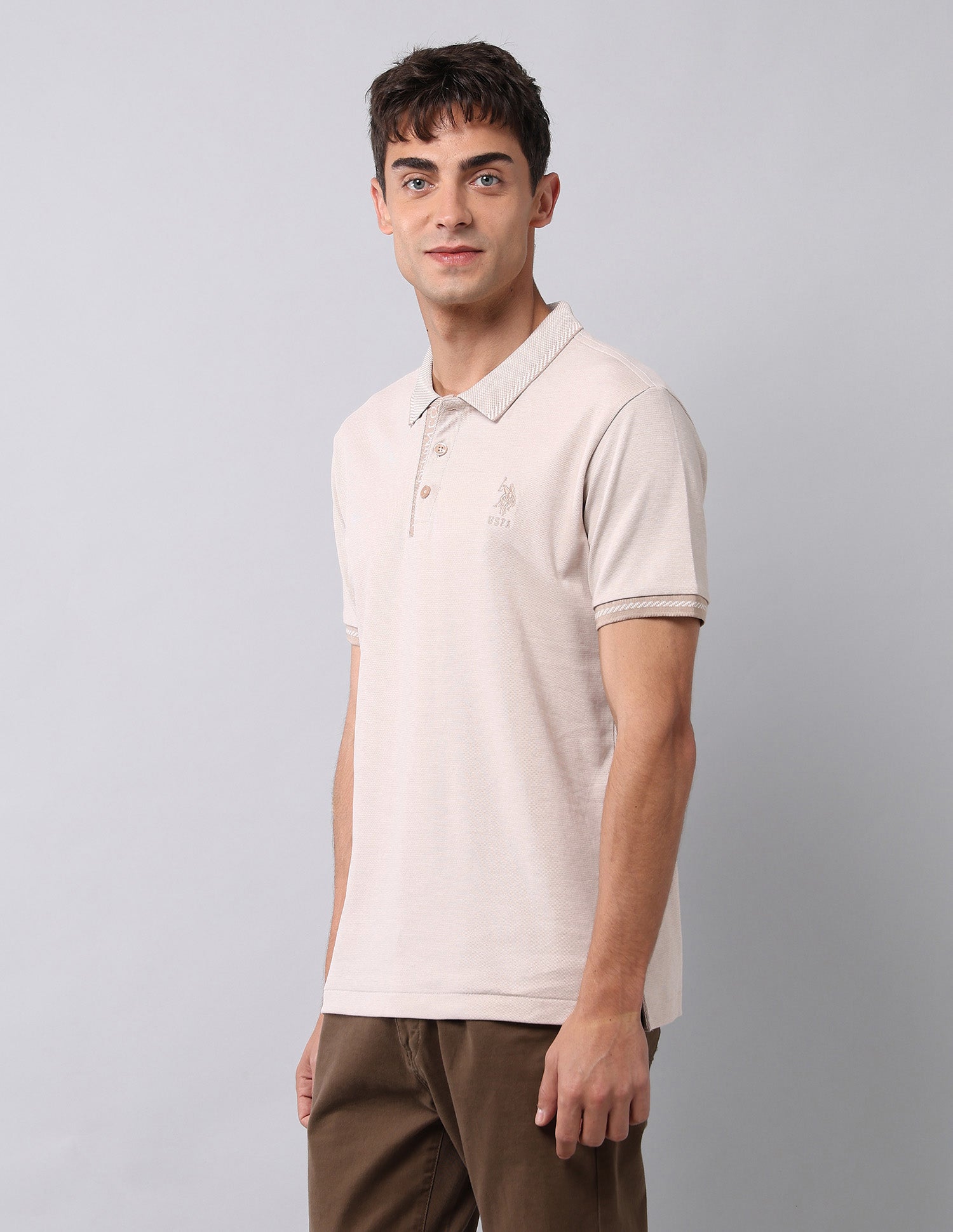 Textured Slim Fit Polo Shirt Beige - U.S. POLO ASSN. | Large