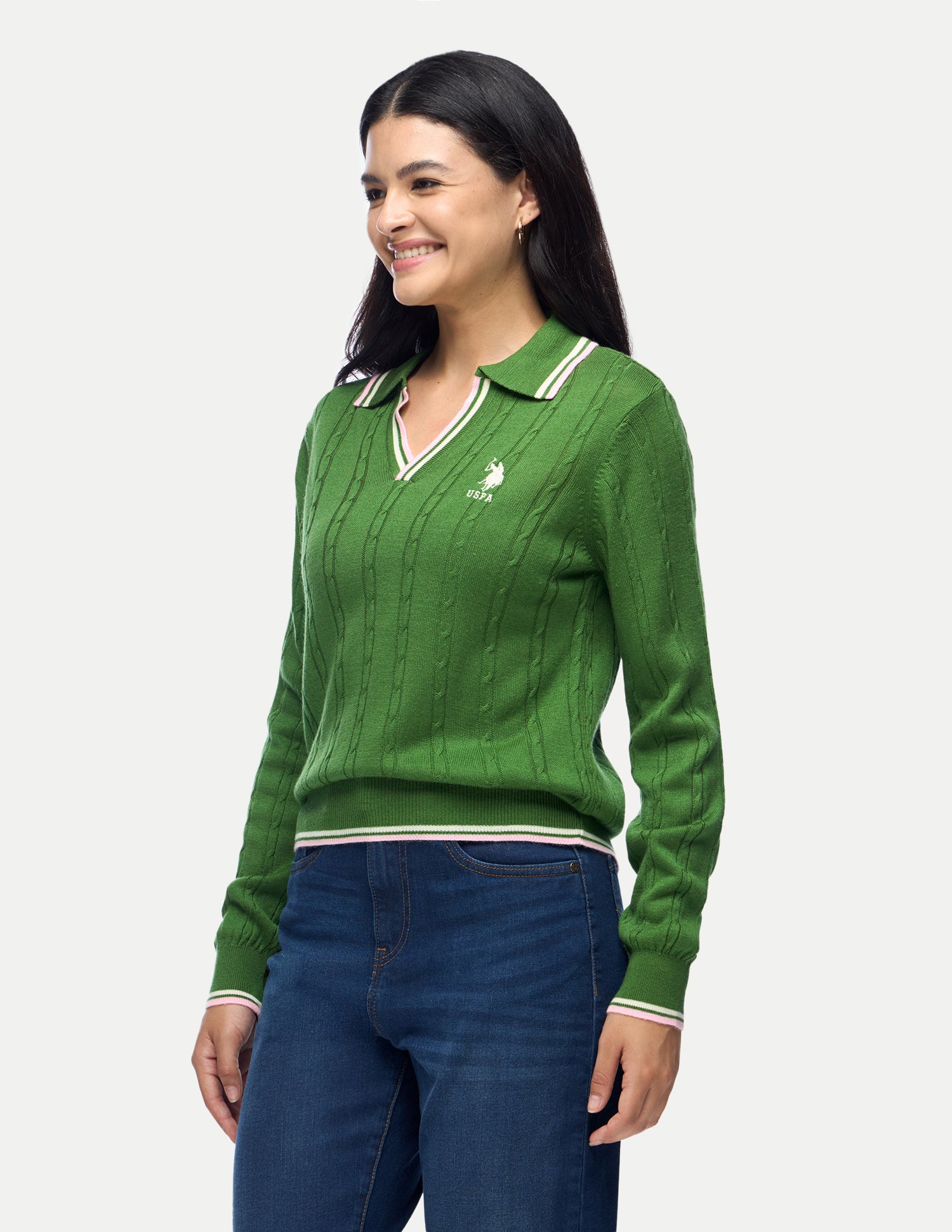 Cable Patterned Knit Regular Fit Sweater Green - U.S. Polo Assn. India | Large