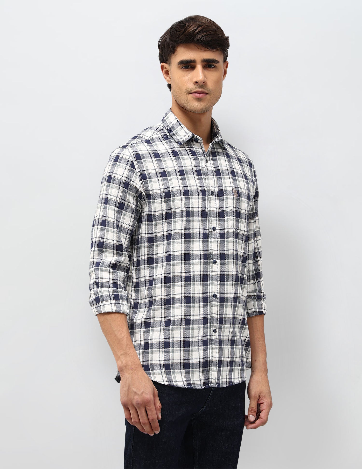 Tartan Checked Herringbone Shirt Dark Blue - U.S. POLO ASSN. | Large