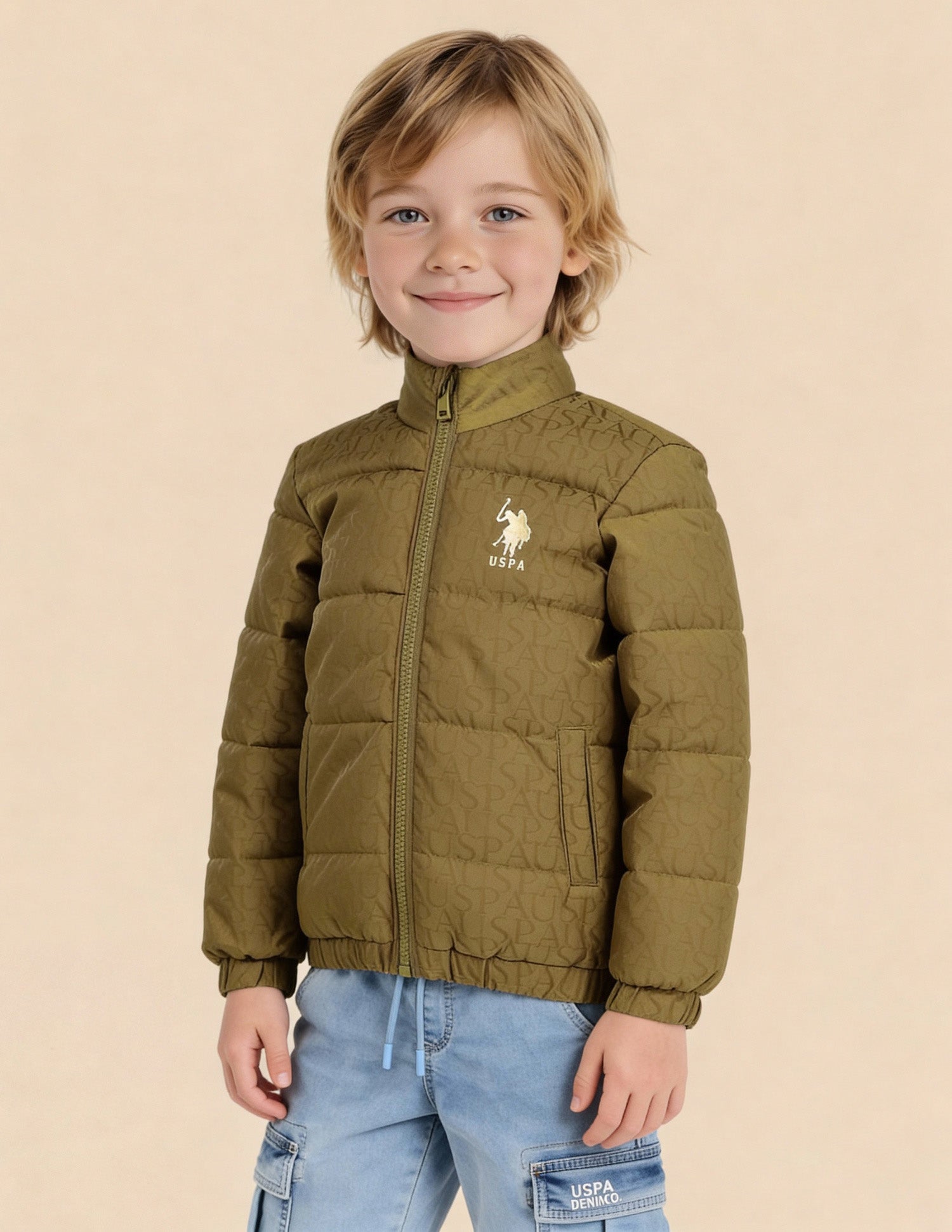 Boys Brand Printed Puffer Jacket Khaki - U.S. Polo Assn. India | Large